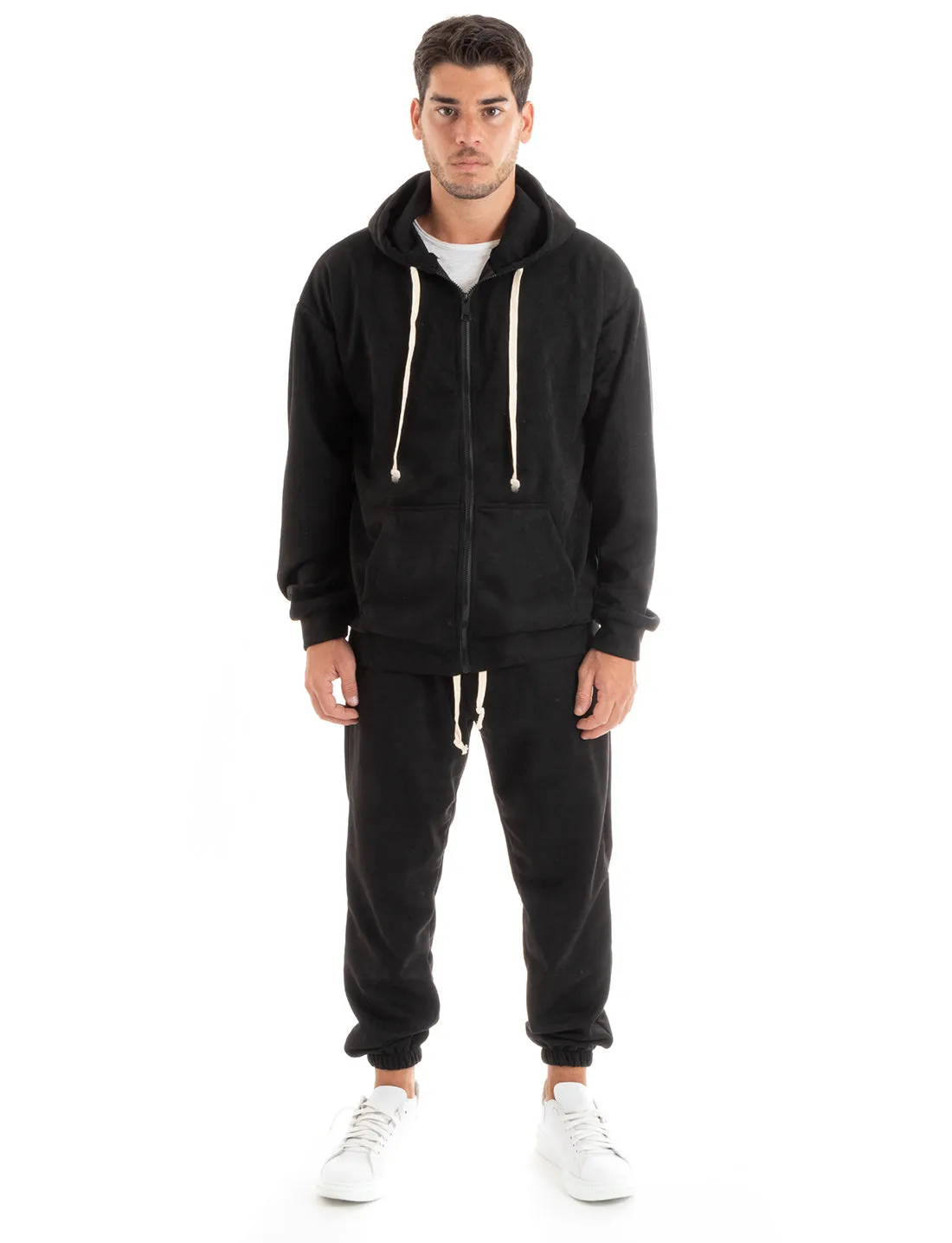 Completo Tuta Uomo Camoscio Felpa con Cappuccio e Zip Pantaloni con Coulisse Nero GIOSAL-OU2396A