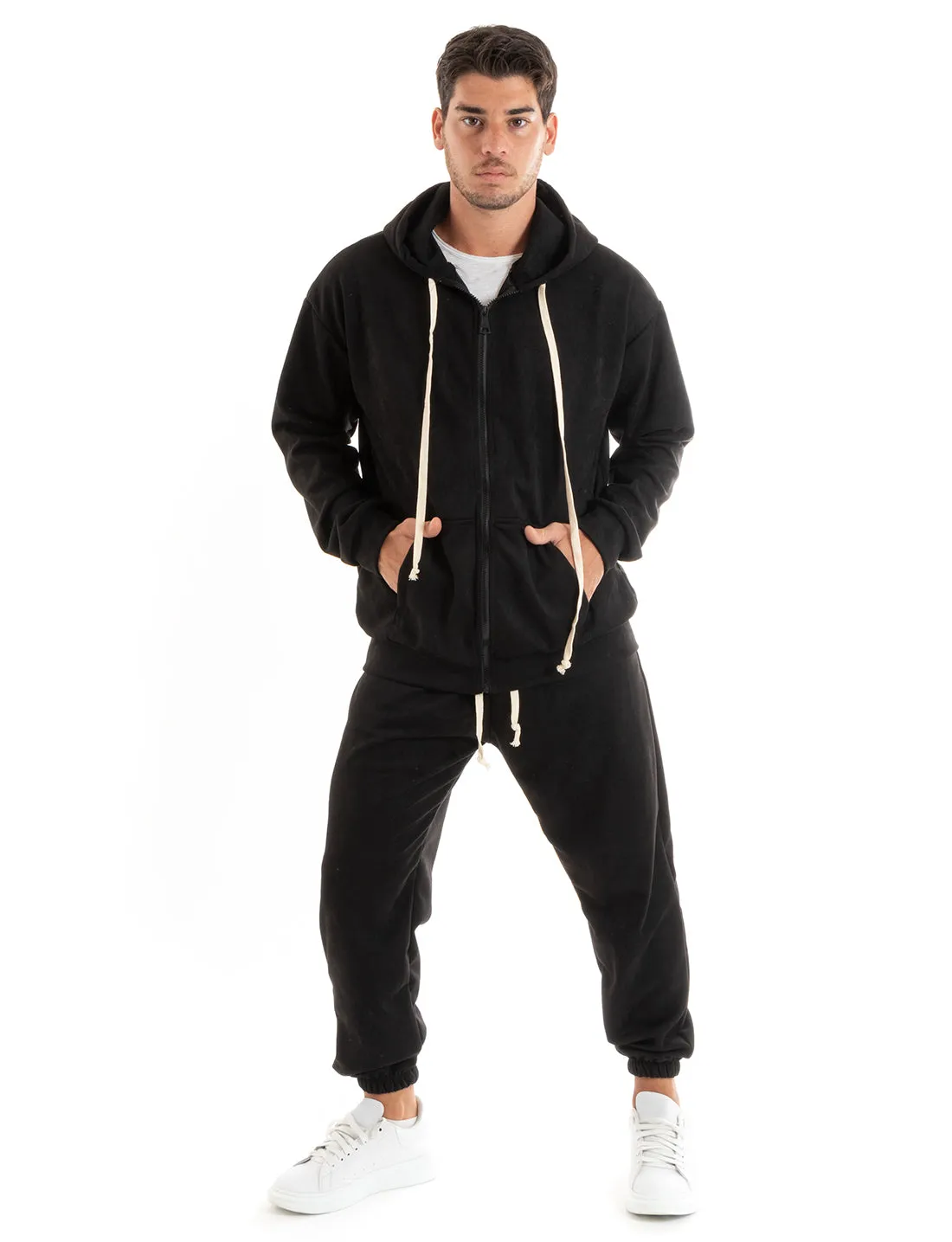 Completo Tuta Uomo Camoscio Felpa con Cappuccio e Zip Pantaloni con Coulisse Nero GIOSAL-OU2396A