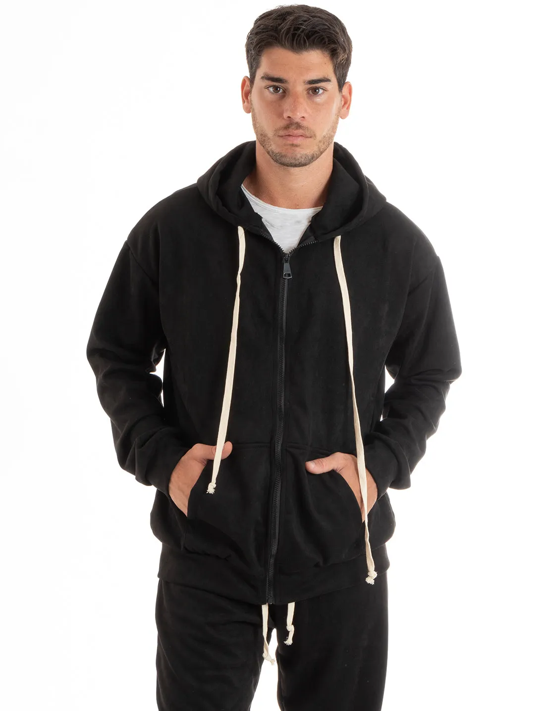 Completo Tuta Uomo Camoscio Felpa con Cappuccio e Zip Pantaloni con Coulisse Nero GIOSAL-OU2396A