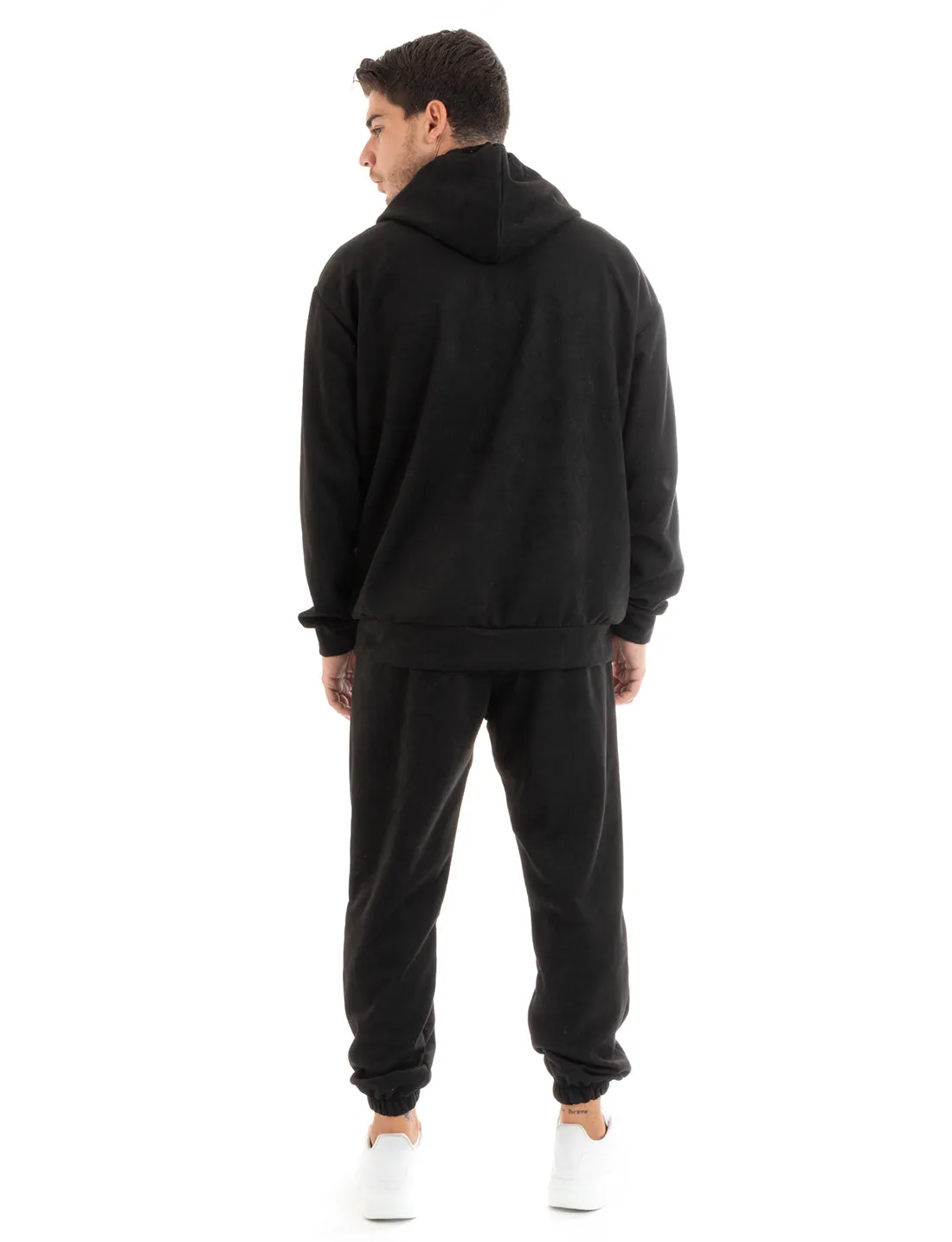 Completo Tuta Uomo Camoscio Felpa con Cappuccio e Zip Pantaloni con Coulisse Nero GIOSAL-OU2396A