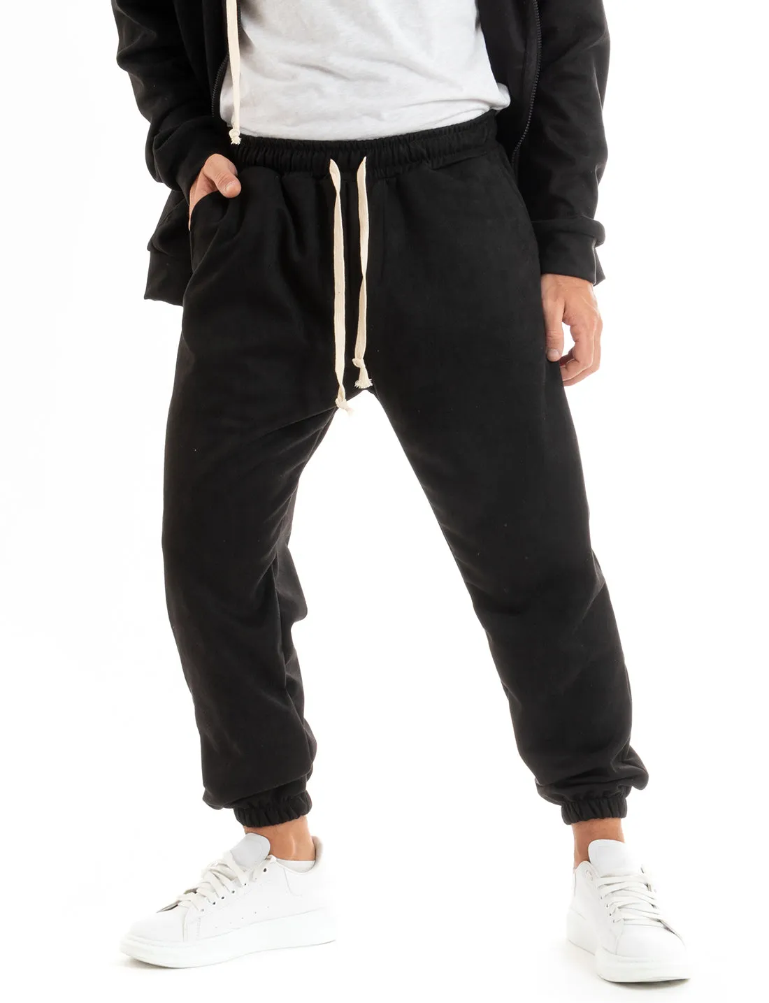 Completo Tuta Uomo Camoscio Felpa con Cappuccio e Zip Pantaloni con Coulisse Nero GIOSAL-OU2396A