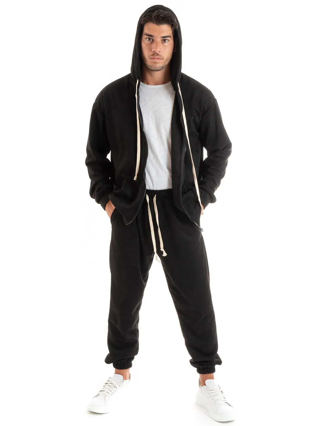 Completo Tuta Uomo Camoscio Felpa con Cappuccio e Zip Pantaloni con Coulisse Nero GIOSAL-OU2396A