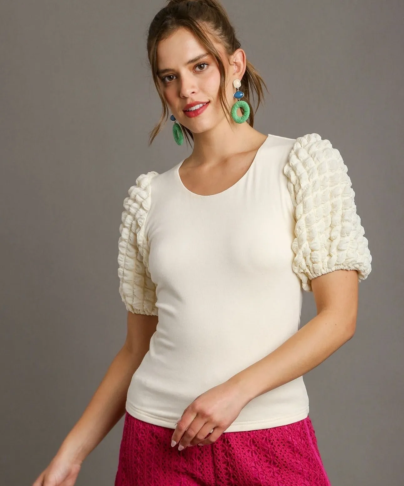 Cream Bubble Sleeve Shirt