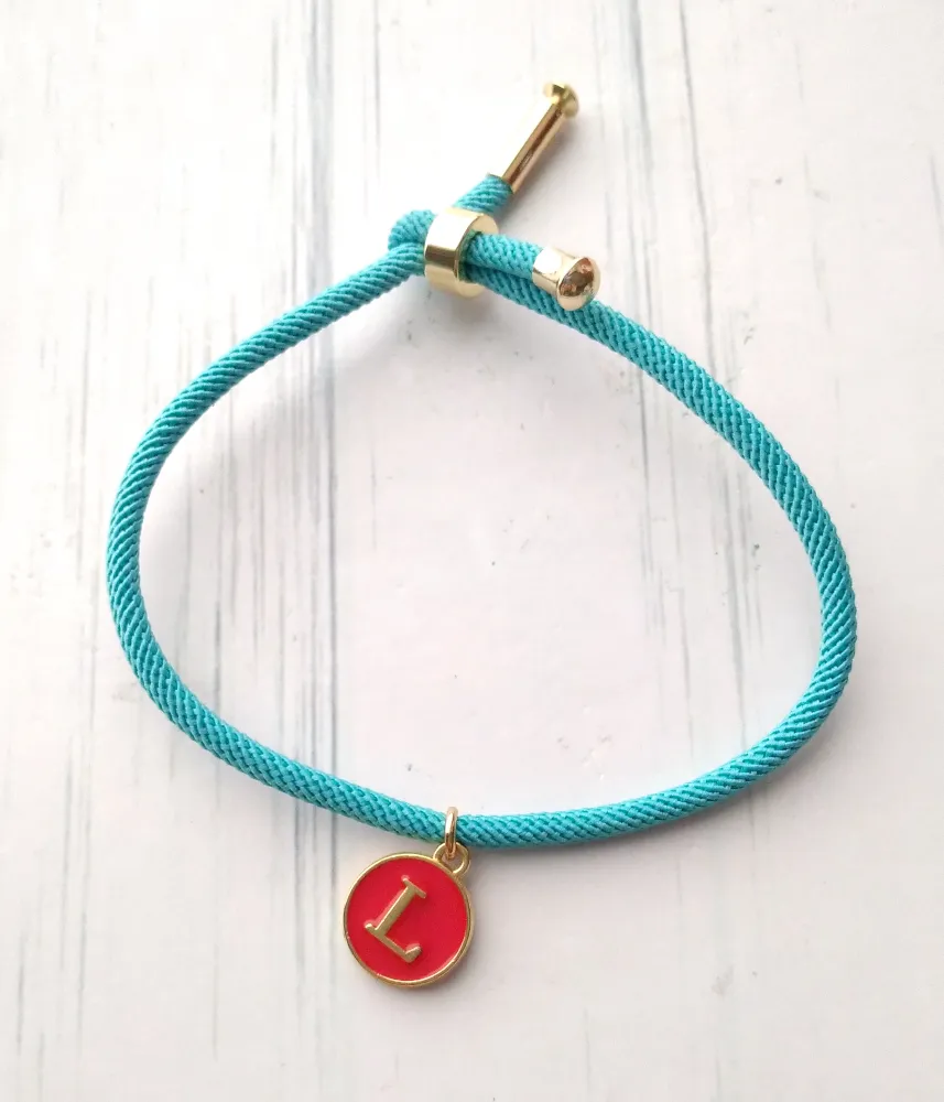 Dani Turquoise with Red Initials Corded Slider Bracelet