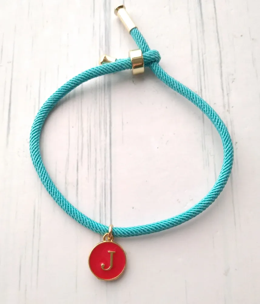 Dani Turquoise with Red Initials Corded Slider Bracelet