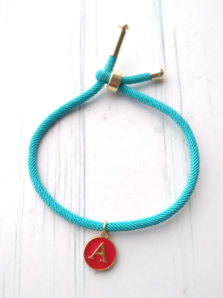 Dani Turquoise with Red Initials Corded Slider Bracelet