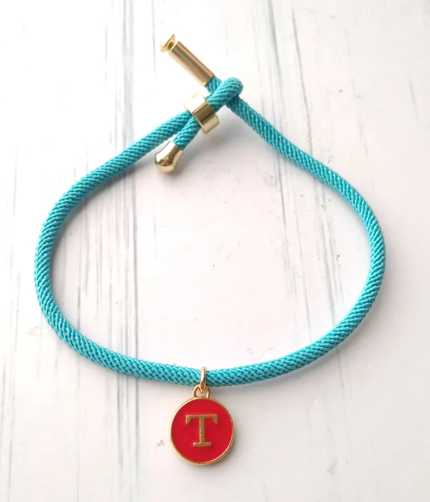 Dani Turquoise with Red Initials Corded Slider Bracelet