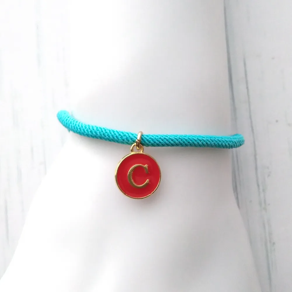 Dani Turquoise with Red Initials Corded Slider Bracelet