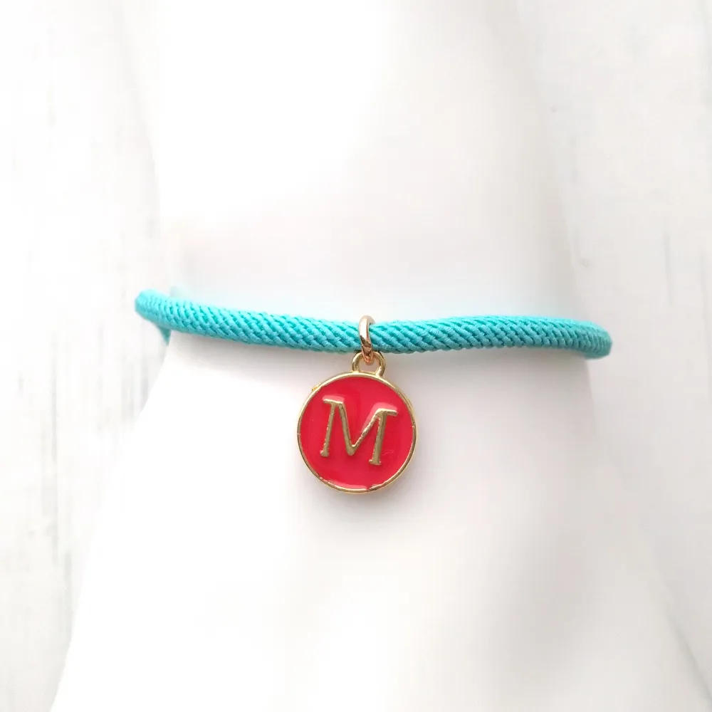 Dani Turquoise with Red Initials Corded Slider Bracelet