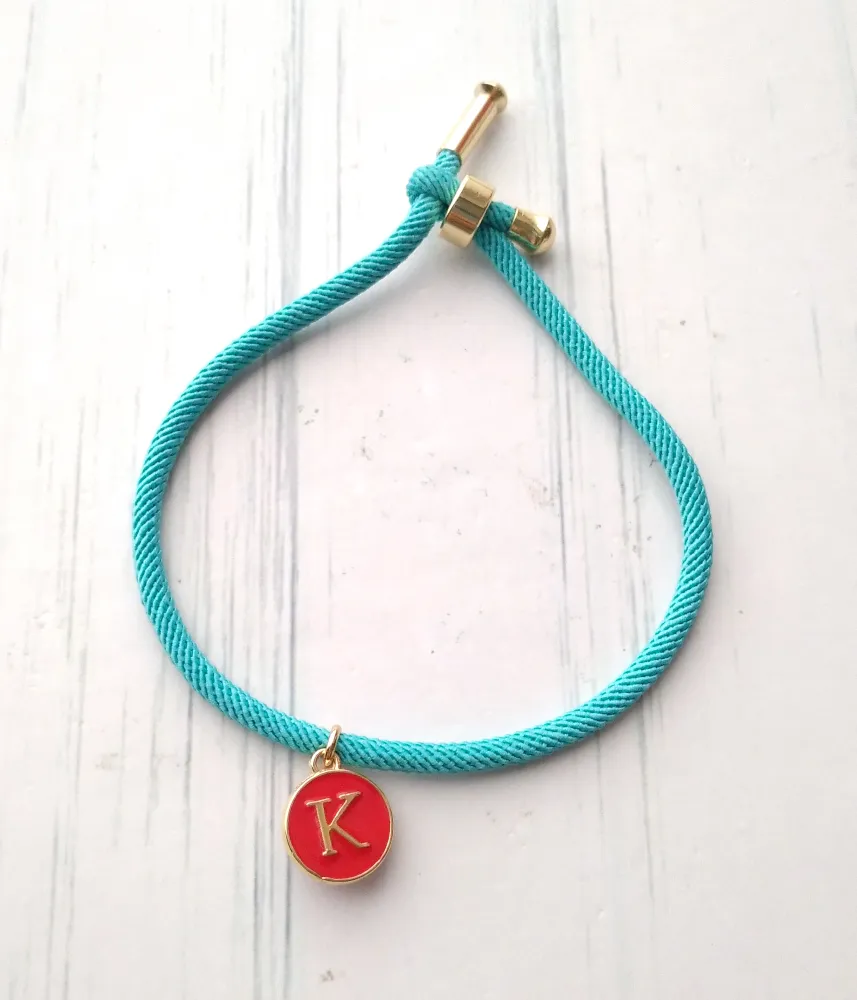 Dani Turquoise with Red Initials Corded Slider Bracelet