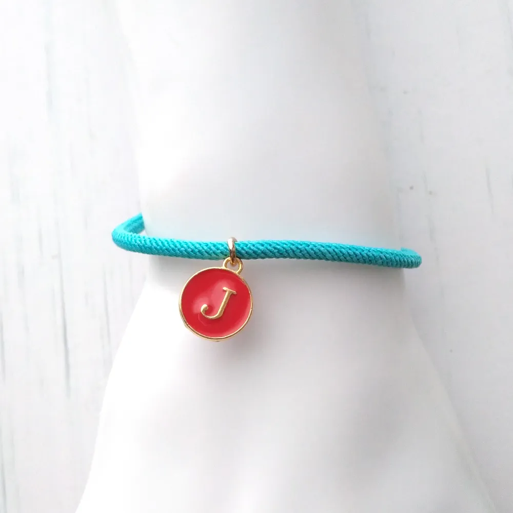 Dani Turquoise with Red Initials Corded Slider Bracelet