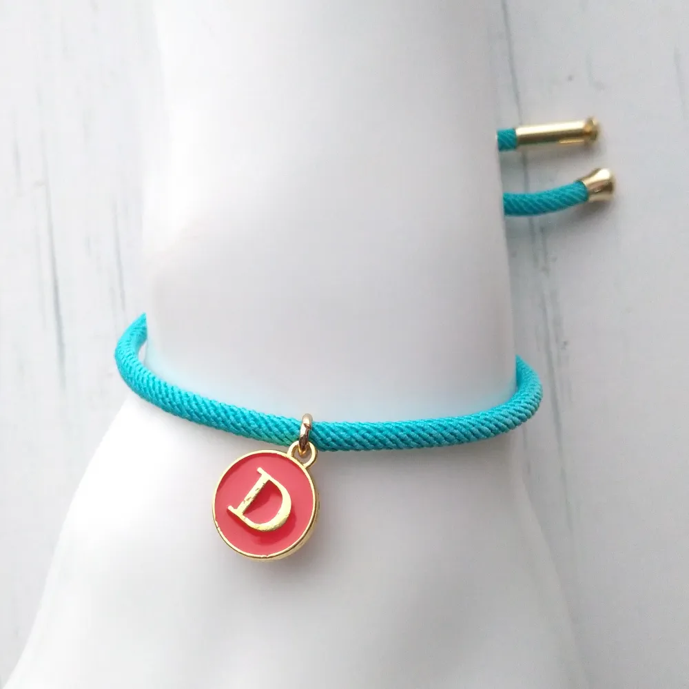 Dani Turquoise with Red Initials Corded Slider Bracelet