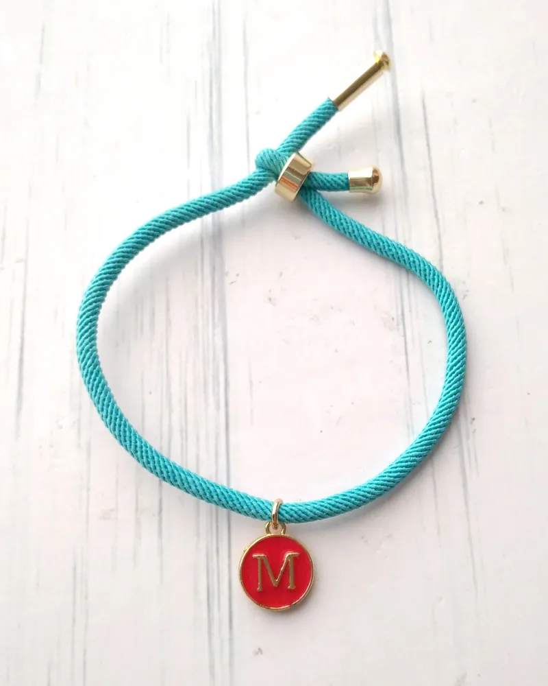 Dani Turquoise with Red Initials Corded Slider Bracelet