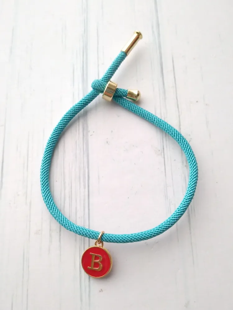 Dani Turquoise with Red Initials Corded Slider Bracelet