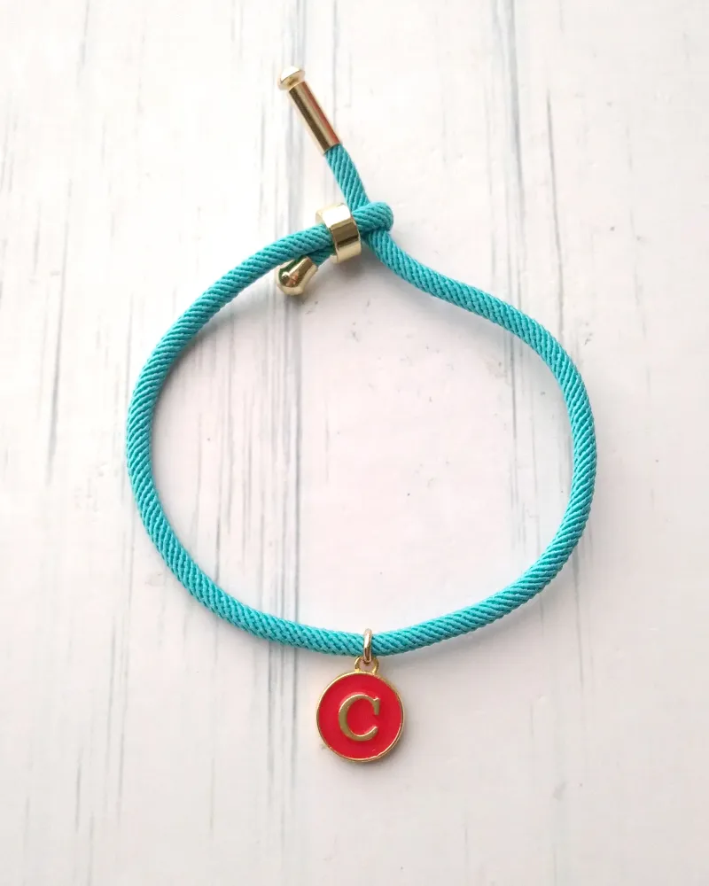 Dani Turquoise with Red Initials Corded Slider Bracelet