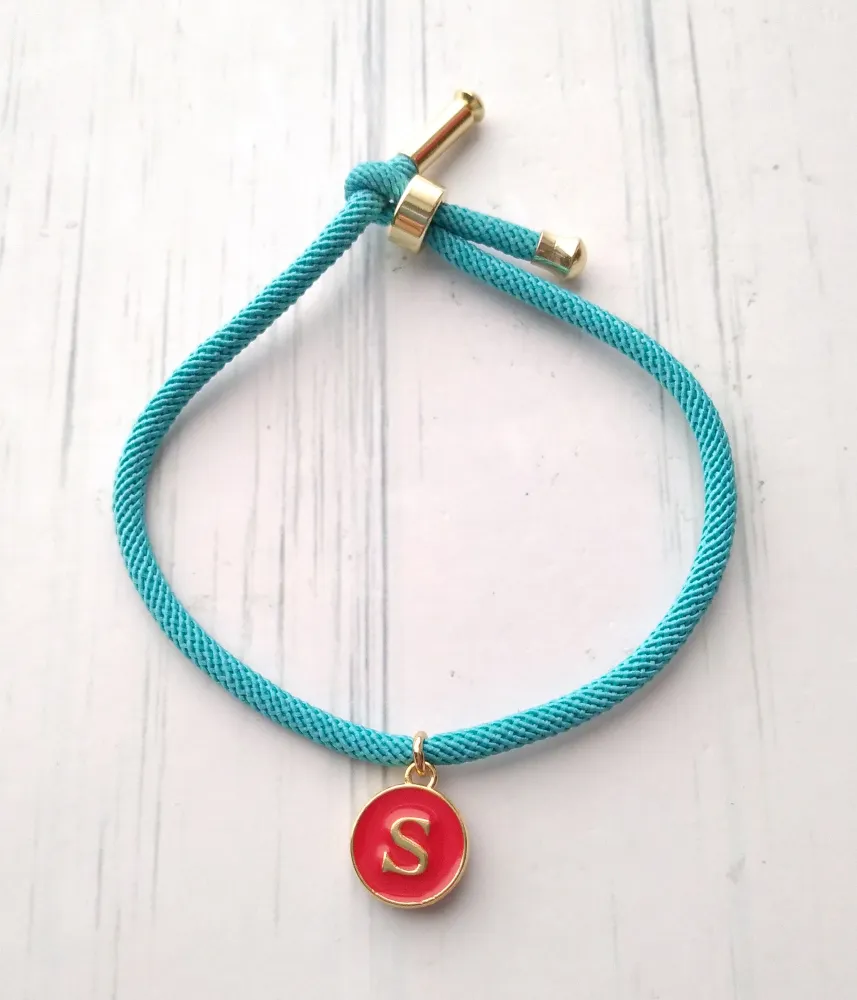 Dani Turquoise with Red Initials Corded Slider Bracelet