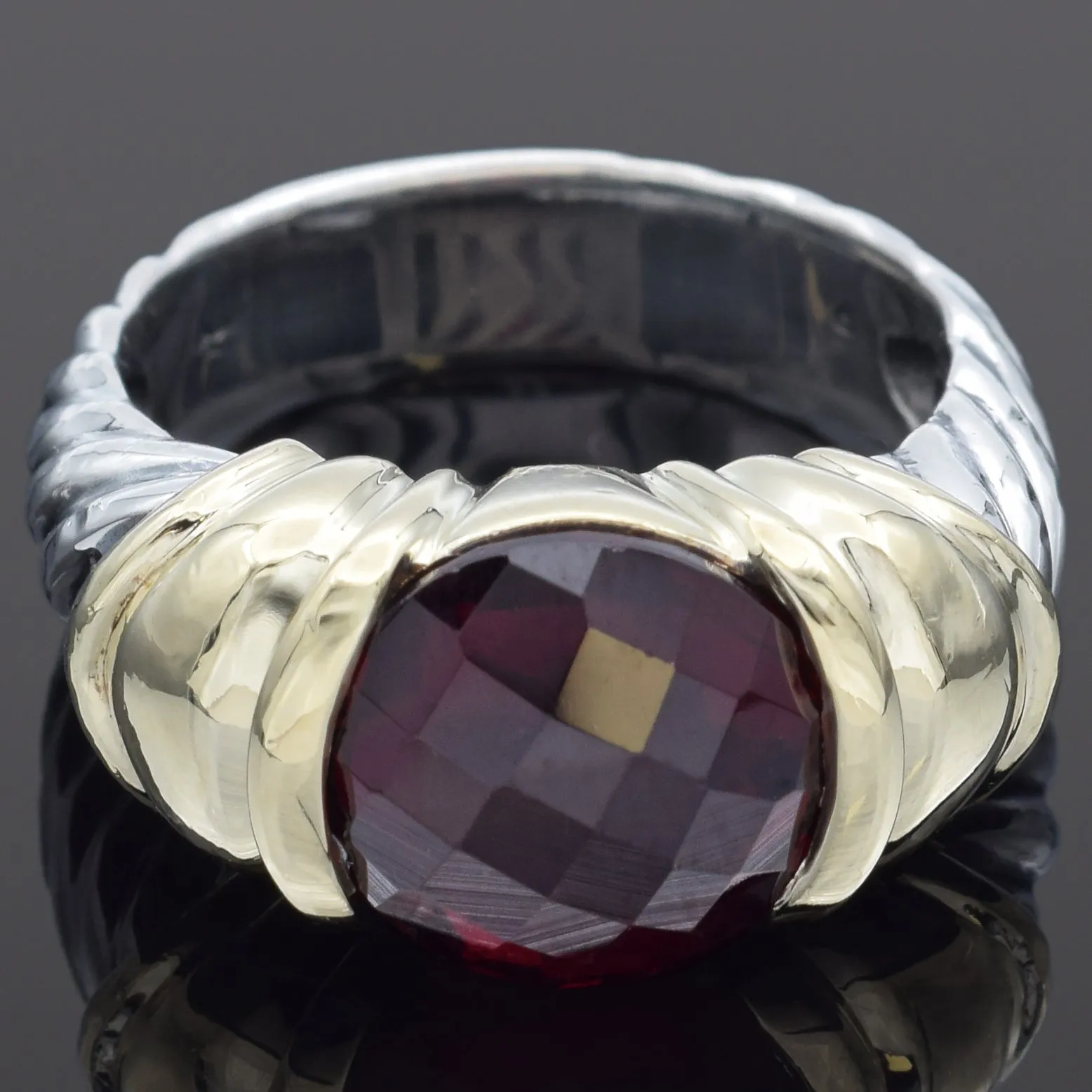 David Yurman Sterling Silver & 14K Yellow Gold Garnet Cable Ring Size 5.5