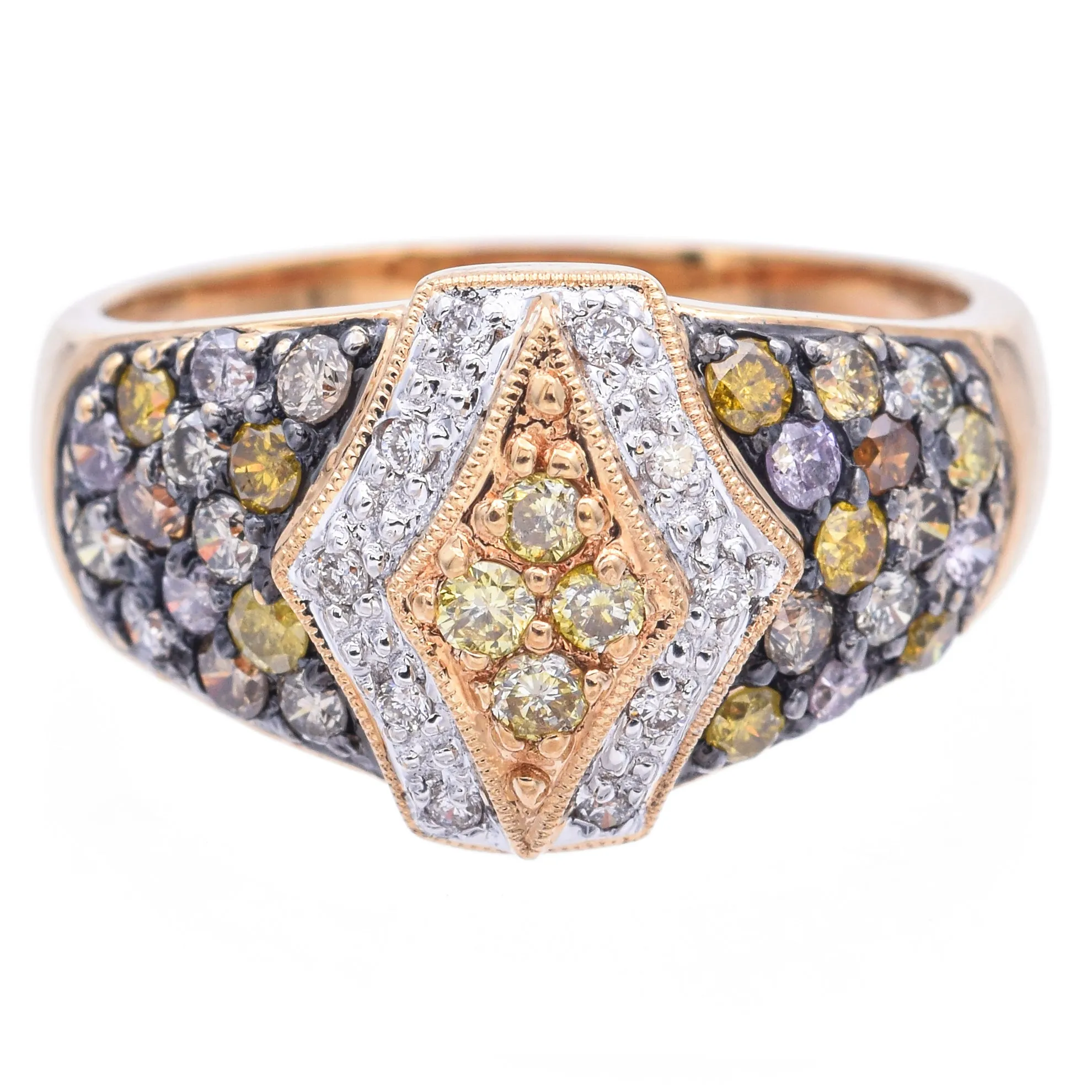 Estate 18K Yellow Gold & Black Rhodium 0.83TCW Multi-Color Diamond Ring Size 8.5