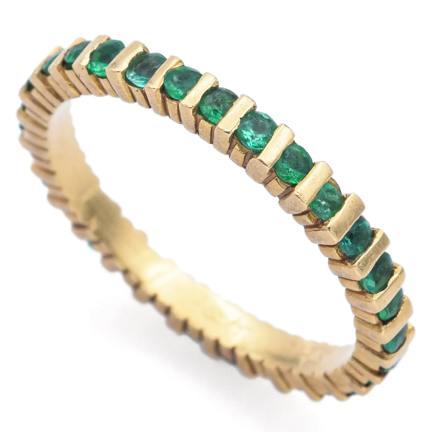 Estate 18K Yellow Gold Emerald Round Eternity Band Ring Size 6