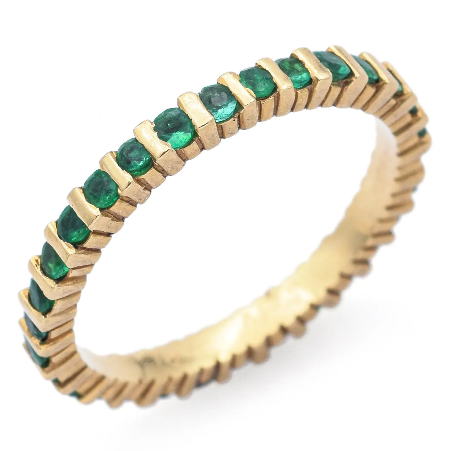 Estate 18K Yellow Gold Emerald Round Eternity Band Ring Size 6