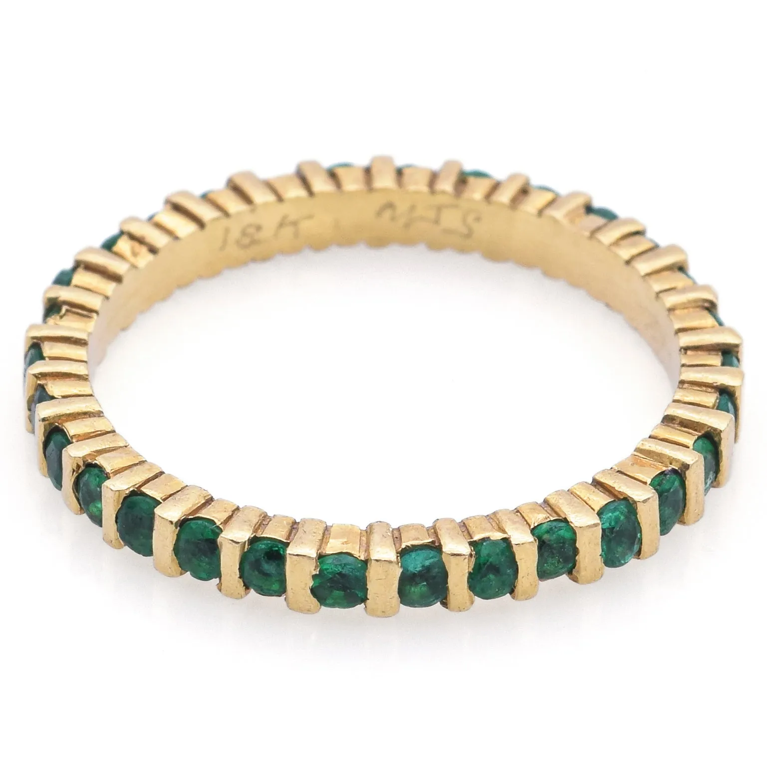 Estate 18K Yellow Gold Emerald Round Eternity Band Ring Size 6