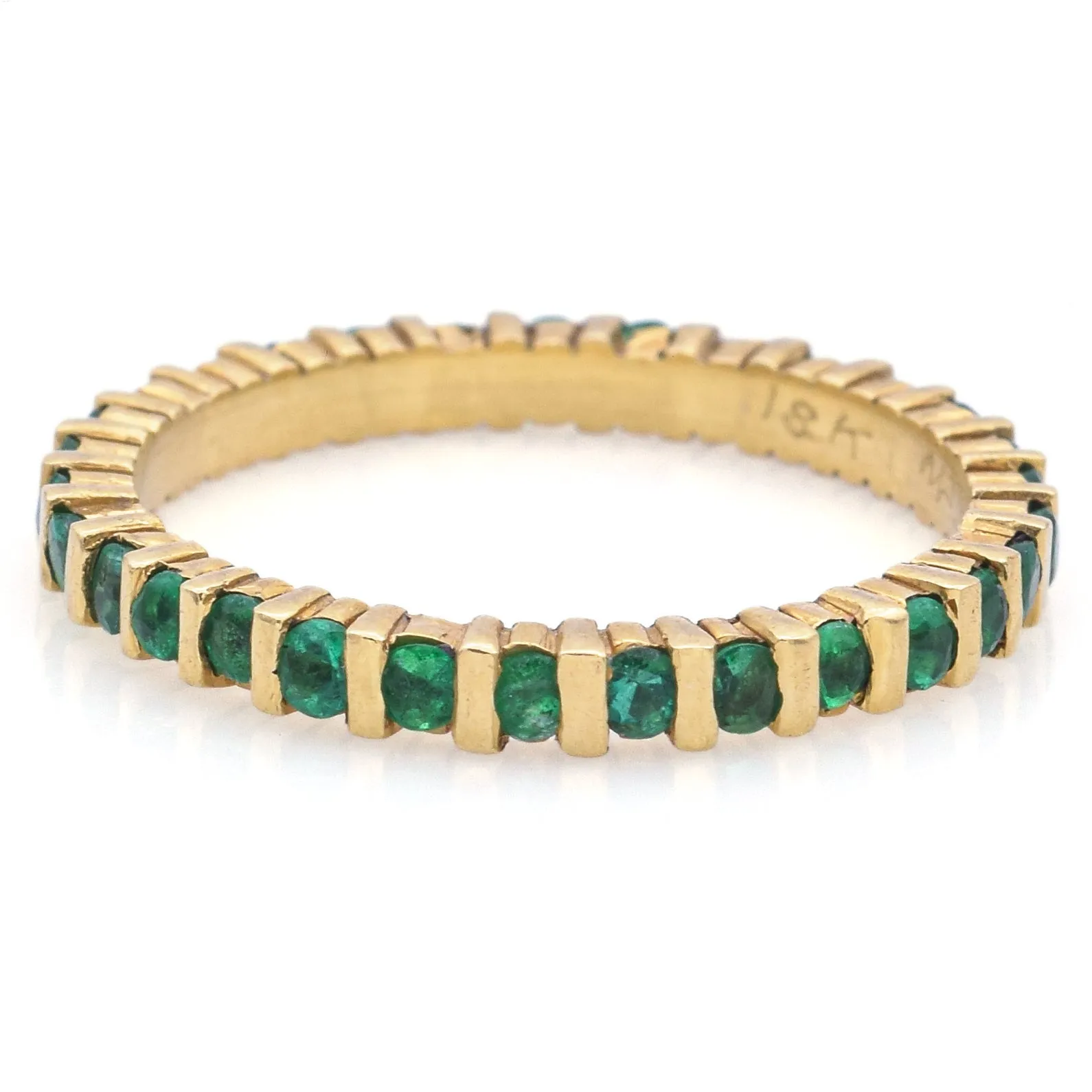 Estate 18K Yellow Gold Emerald Round Eternity Band Ring Size 6