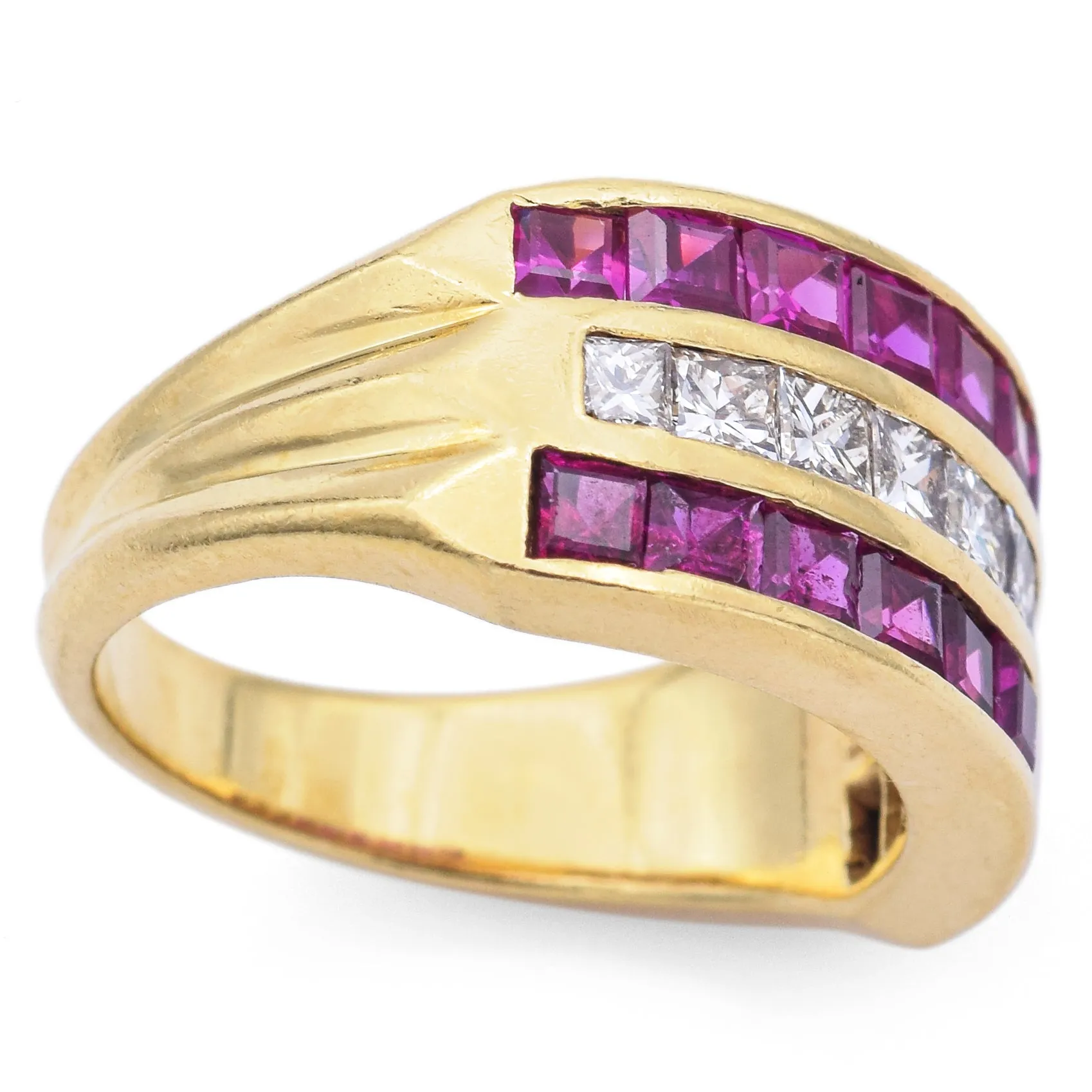 Estate 18K Yellow Gold Princess Cut Ruby & 0.90TCW Diamond 3 Row Band Ring Size 4.75