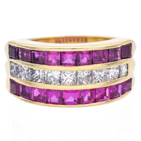 Estate 18K Yellow Gold Princess Cut Ruby & 0.90TCW Diamond 3 Row Band Ring Size 4.75