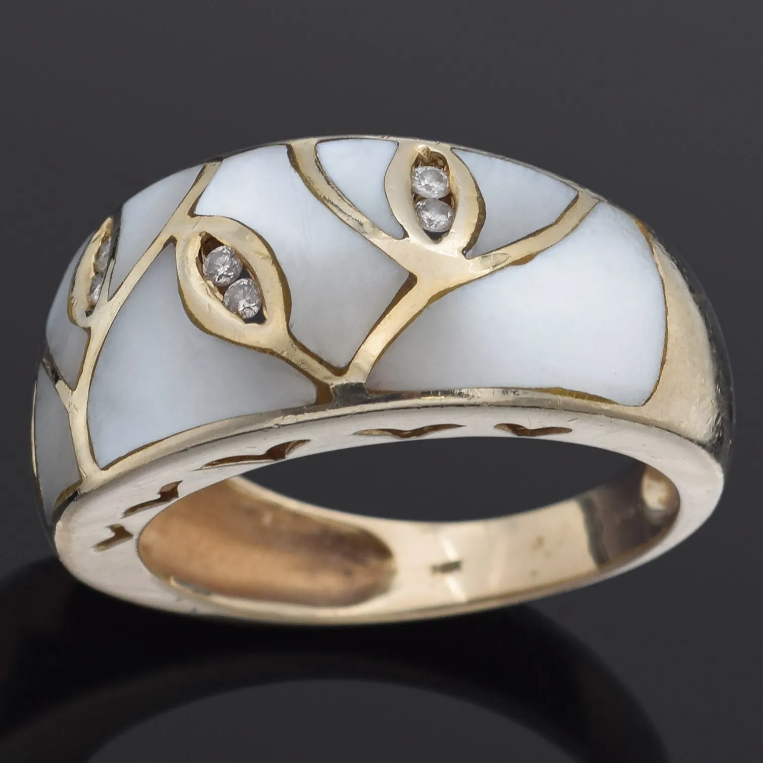 Estate ASH Signed Mother of Pearl and Diamond 14K Yellow Gold Band Ring Size 7