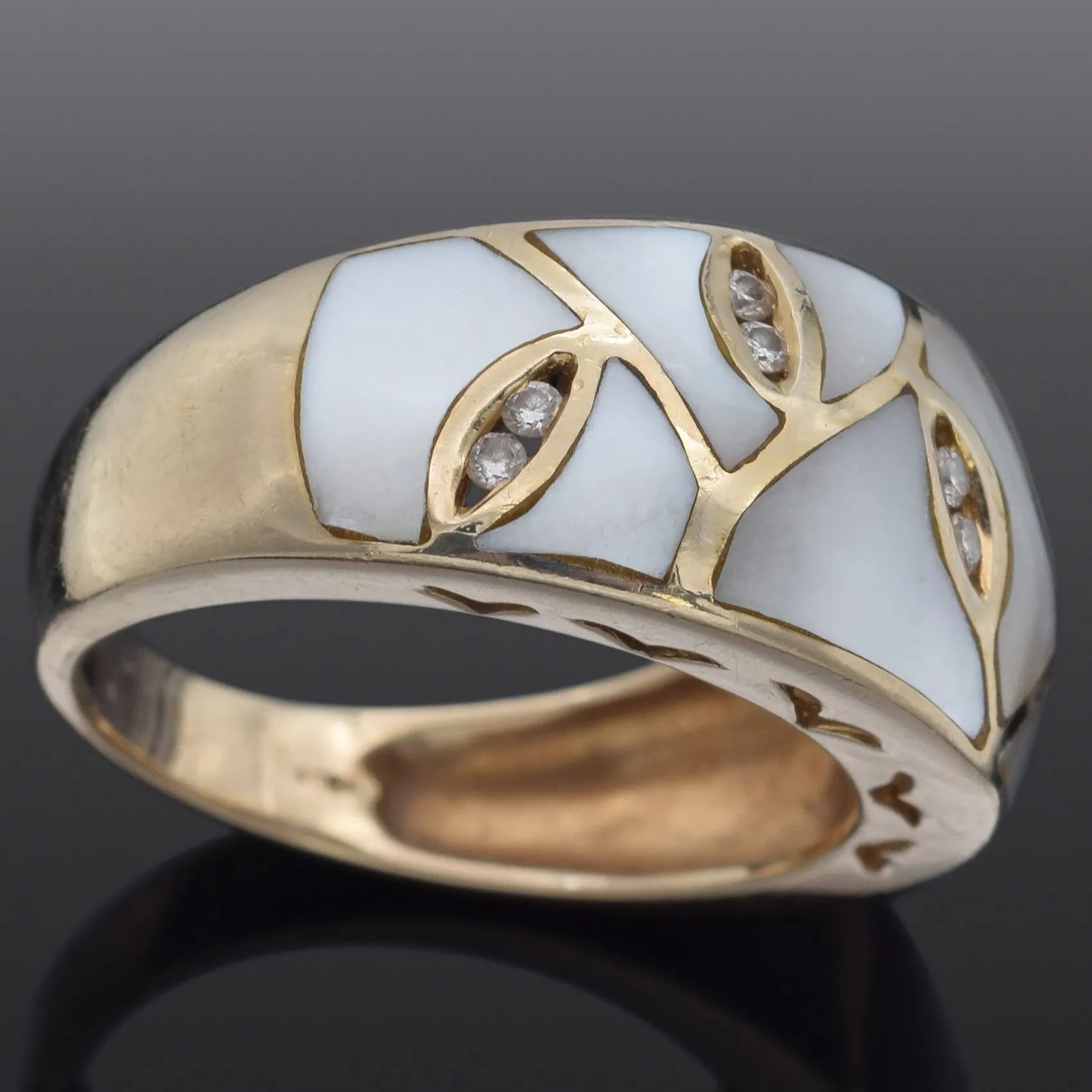 Estate ASH Signed Mother of Pearl and Diamond 14K Yellow Gold Band Ring Size 7