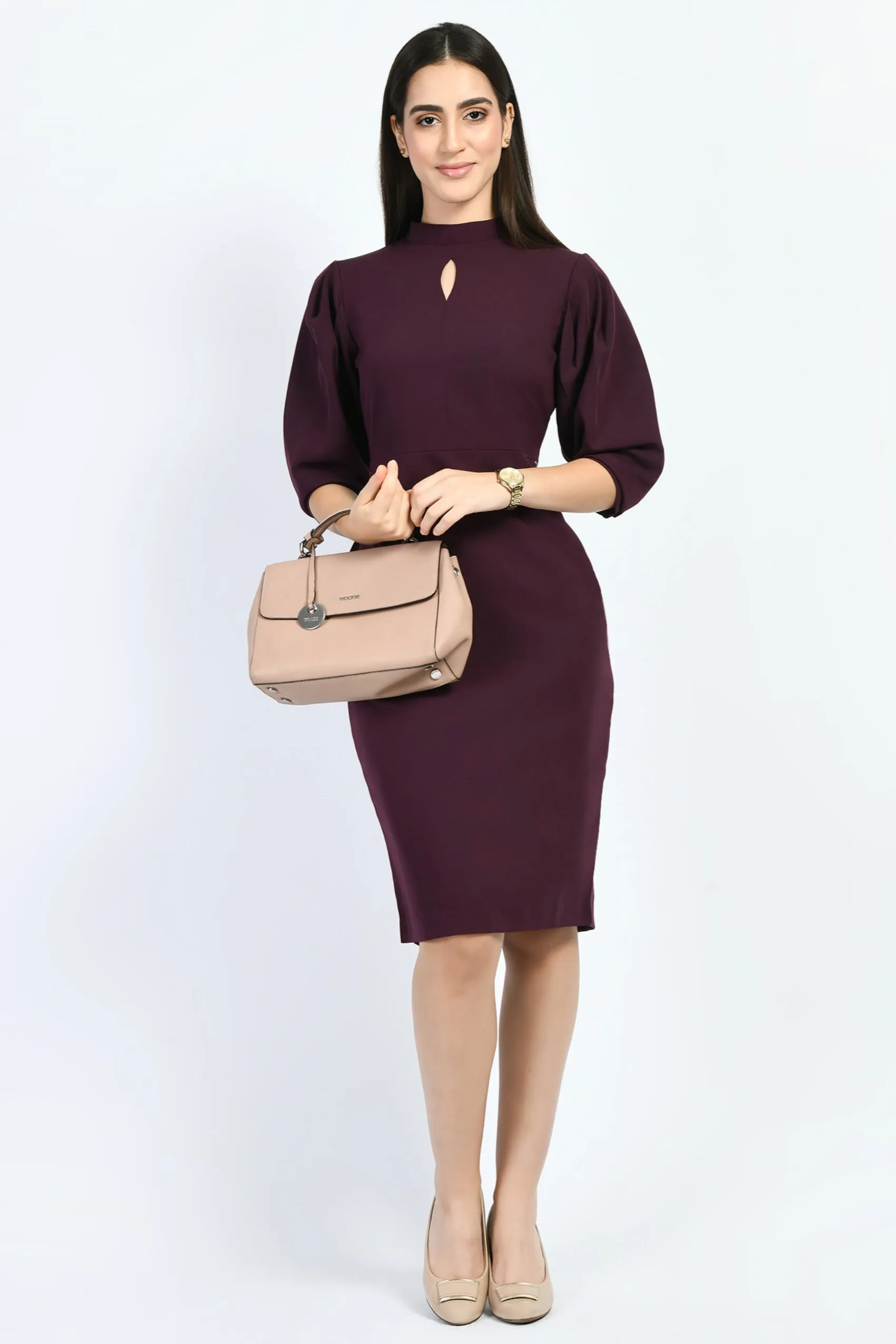 Exude Allure Puffed Sleeves Sheath Dress (Wine)