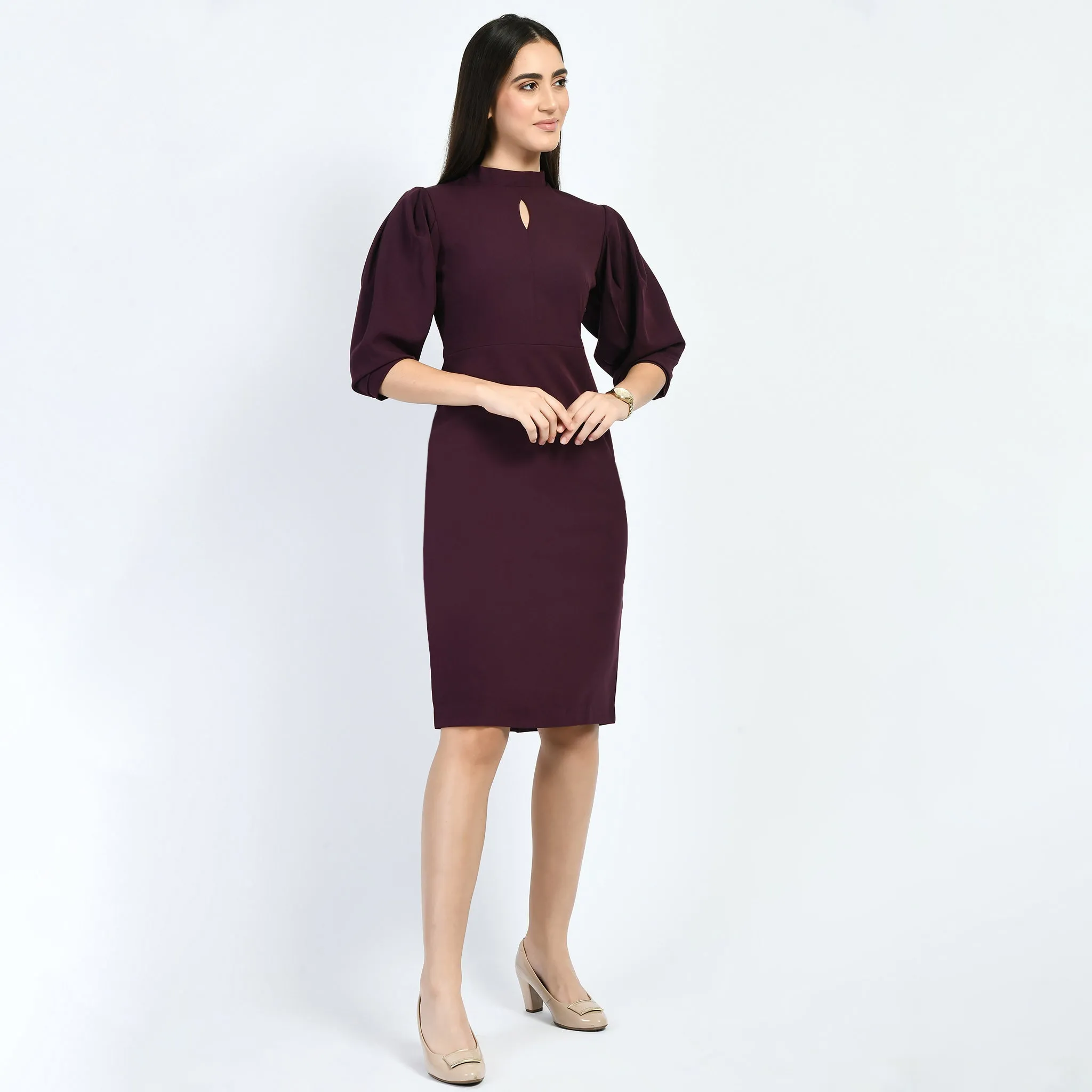 Exude Allure Puffed Sleeves Sheath Dress (Wine)