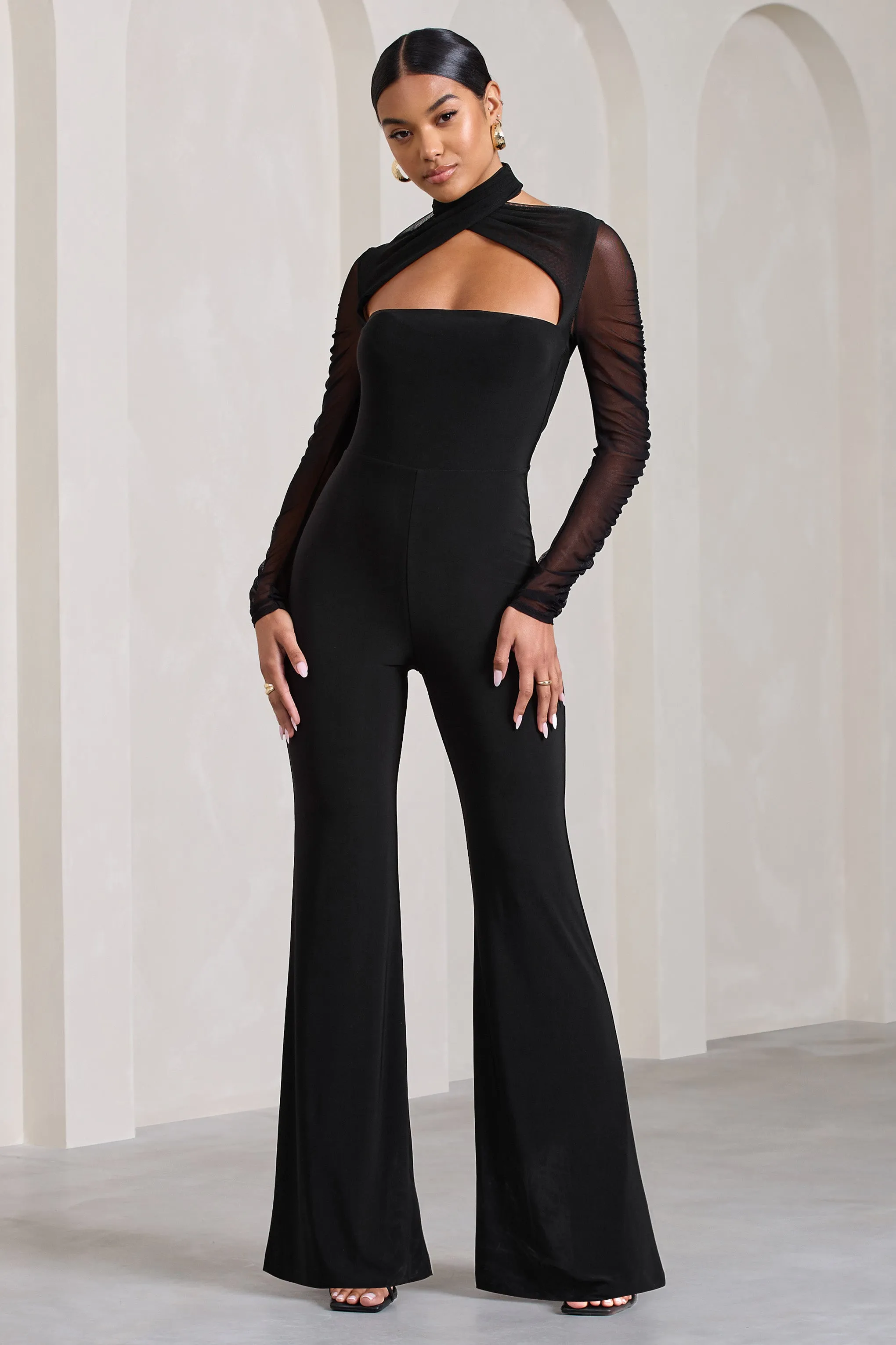 Fallon | Black Flared-Leg Jumpsuit With Long Mesh Sleeves