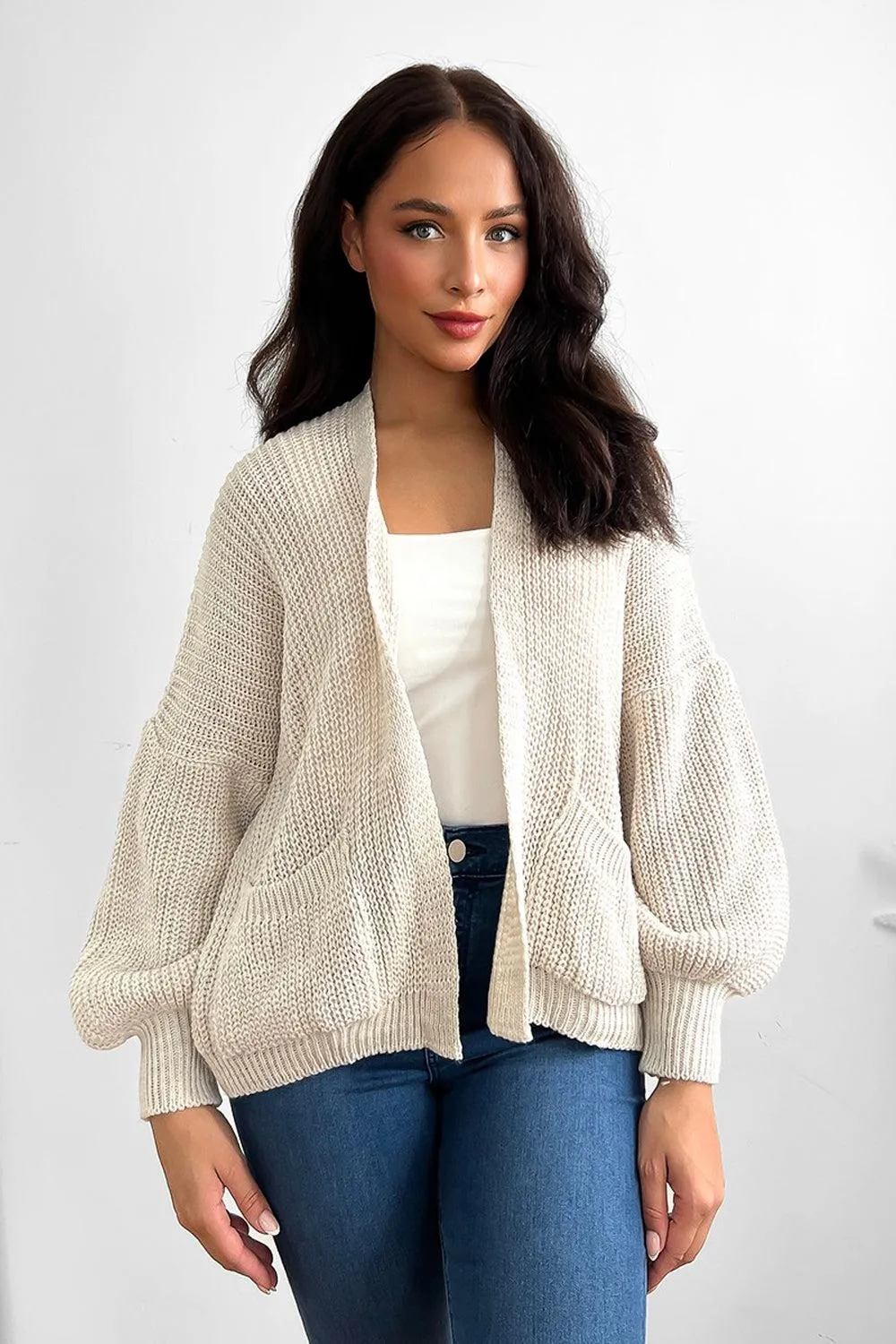 Fine Knit Side Pockets Open Front Cardigan