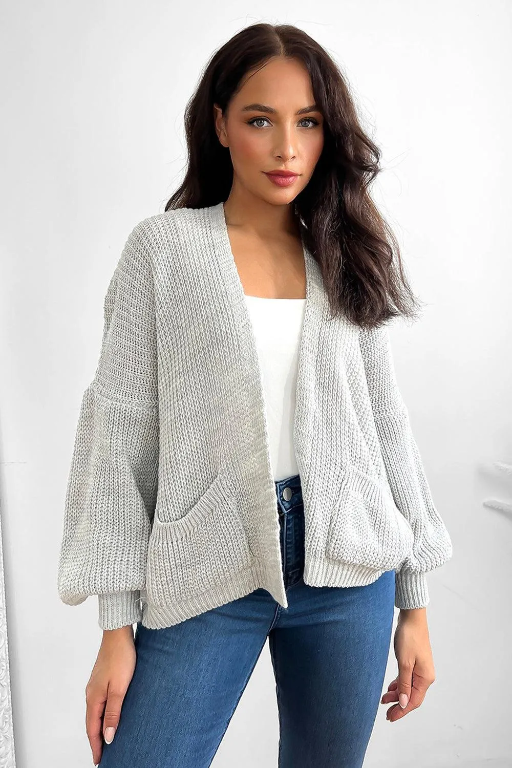 Fine Knit Side Pockets Open Front Cardigan