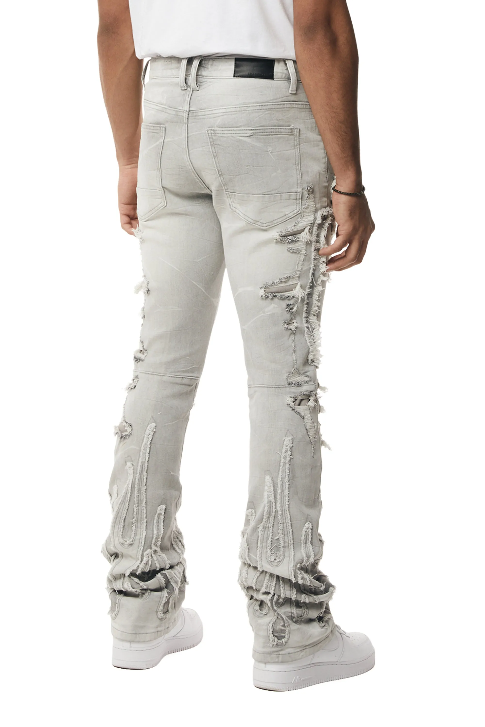 Flame Applique Heavy R&R Stacked Denim Jeans - Cloud Grey