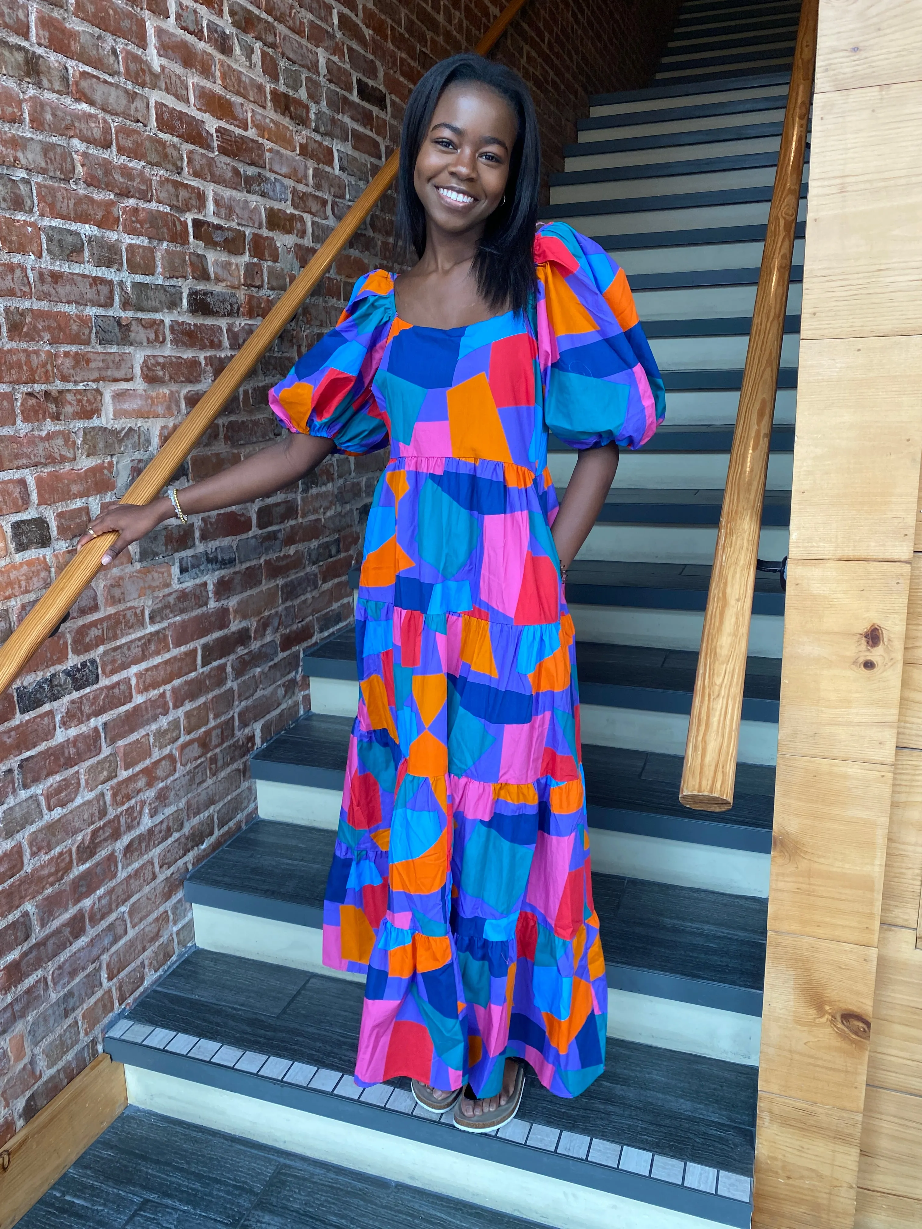 GEO PRINT SQUARE NECK MAXI DRESS