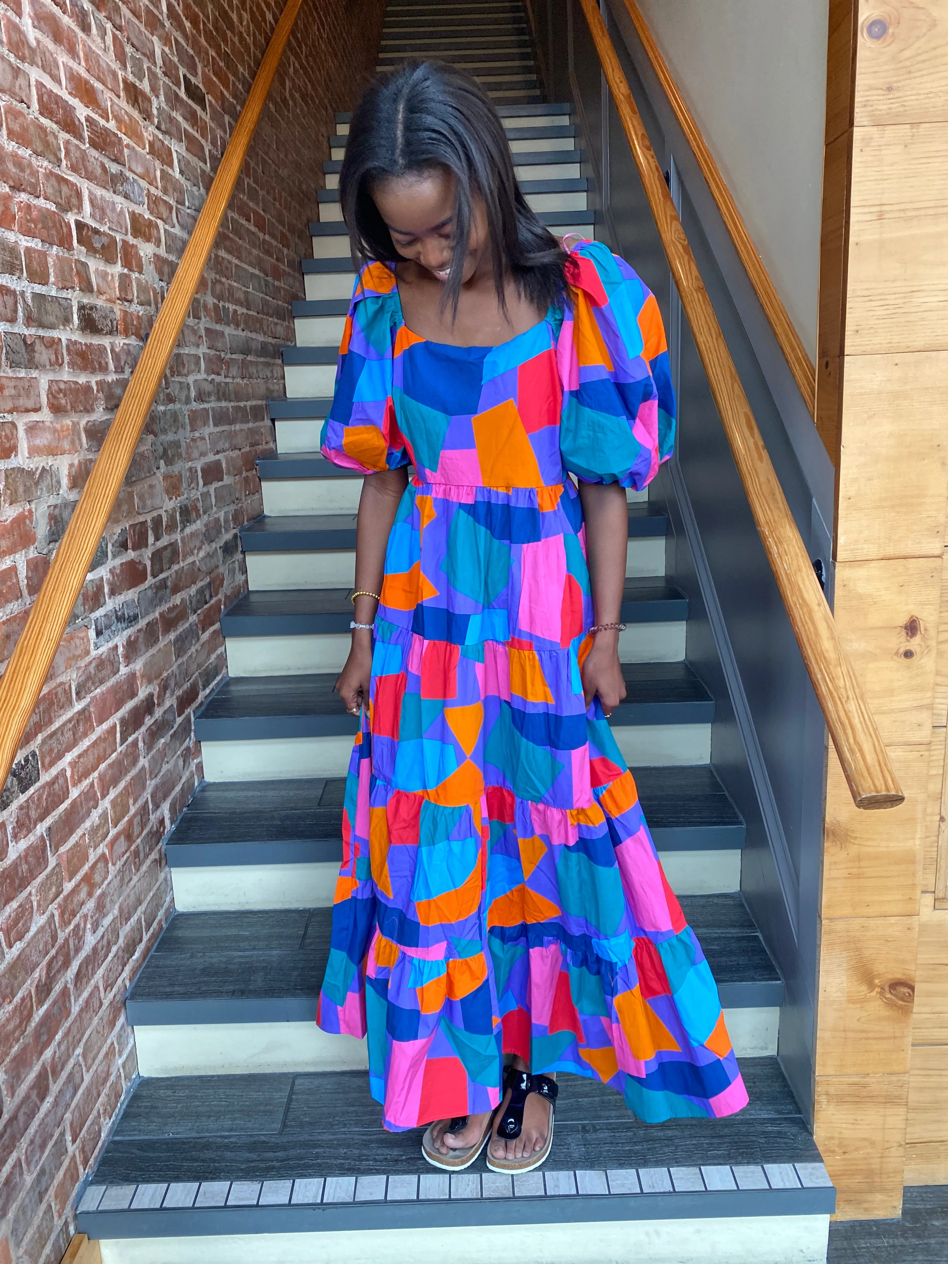 GEO PRINT SQUARE NECK MAXI DRESS