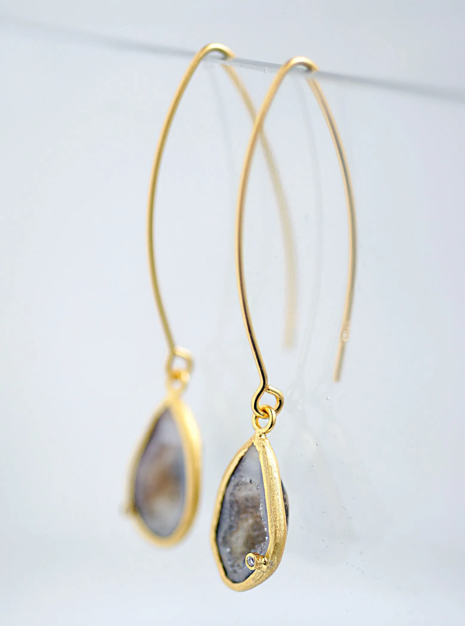 Geode With Diamond Long Hook Earrings