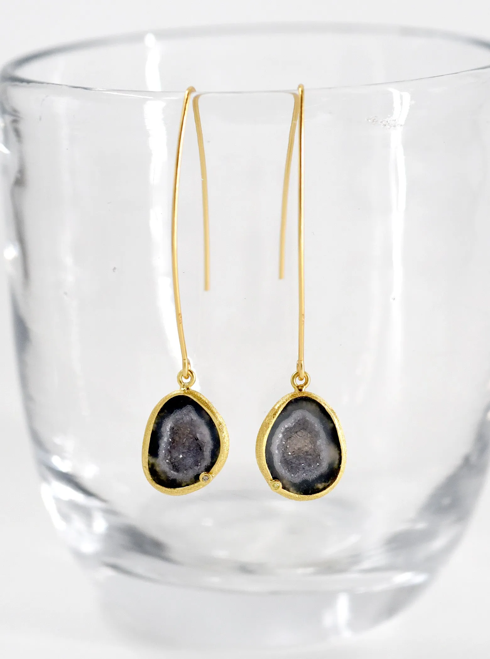 Geode With Diamond Long Hook Earrings