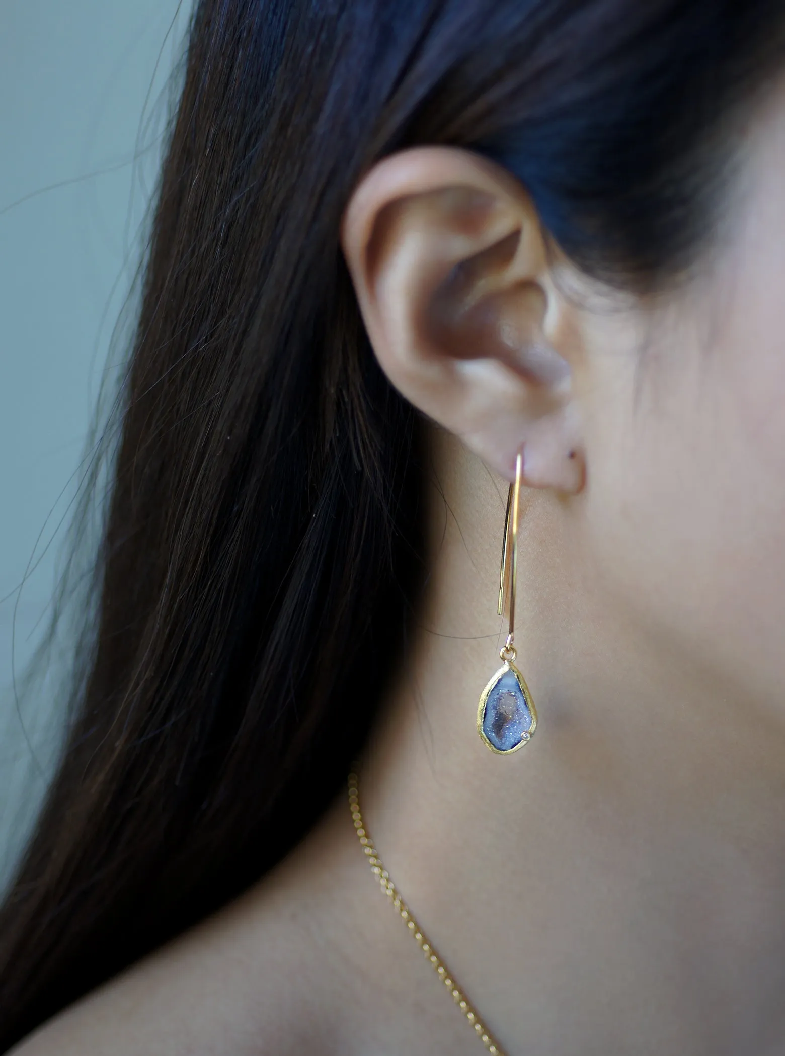 Geode With Diamond Long Hook Earrings