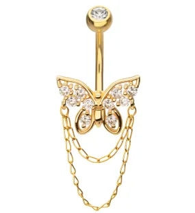 Gold PVD Butterfly Double Chain Clear CZ Dangle Stainless Steel Belly Button Ring