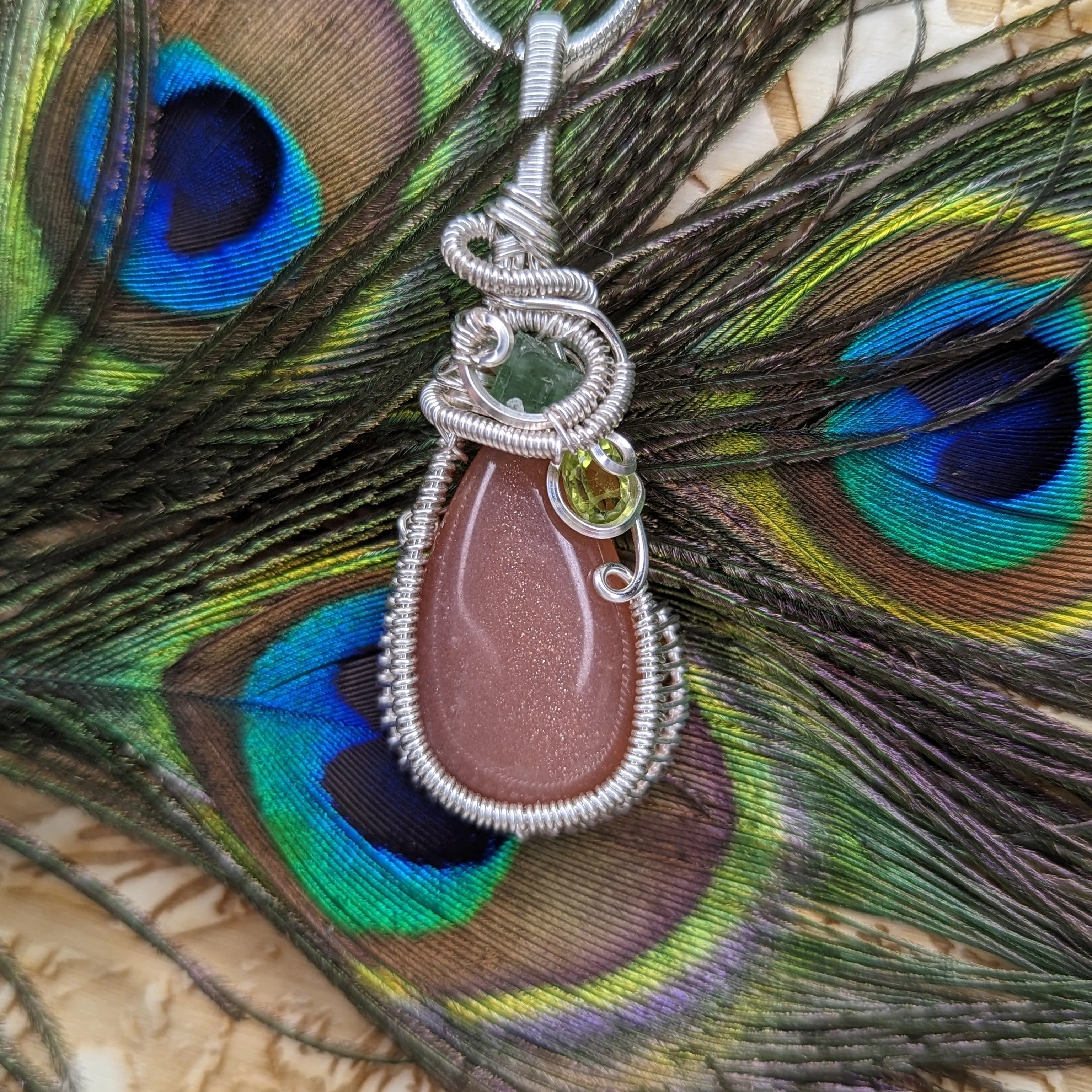 Gorgeous Wire Wrapped Pendant~ Peach Moonstone, Peridot and Green Tourmaline~ Silver Chain Included