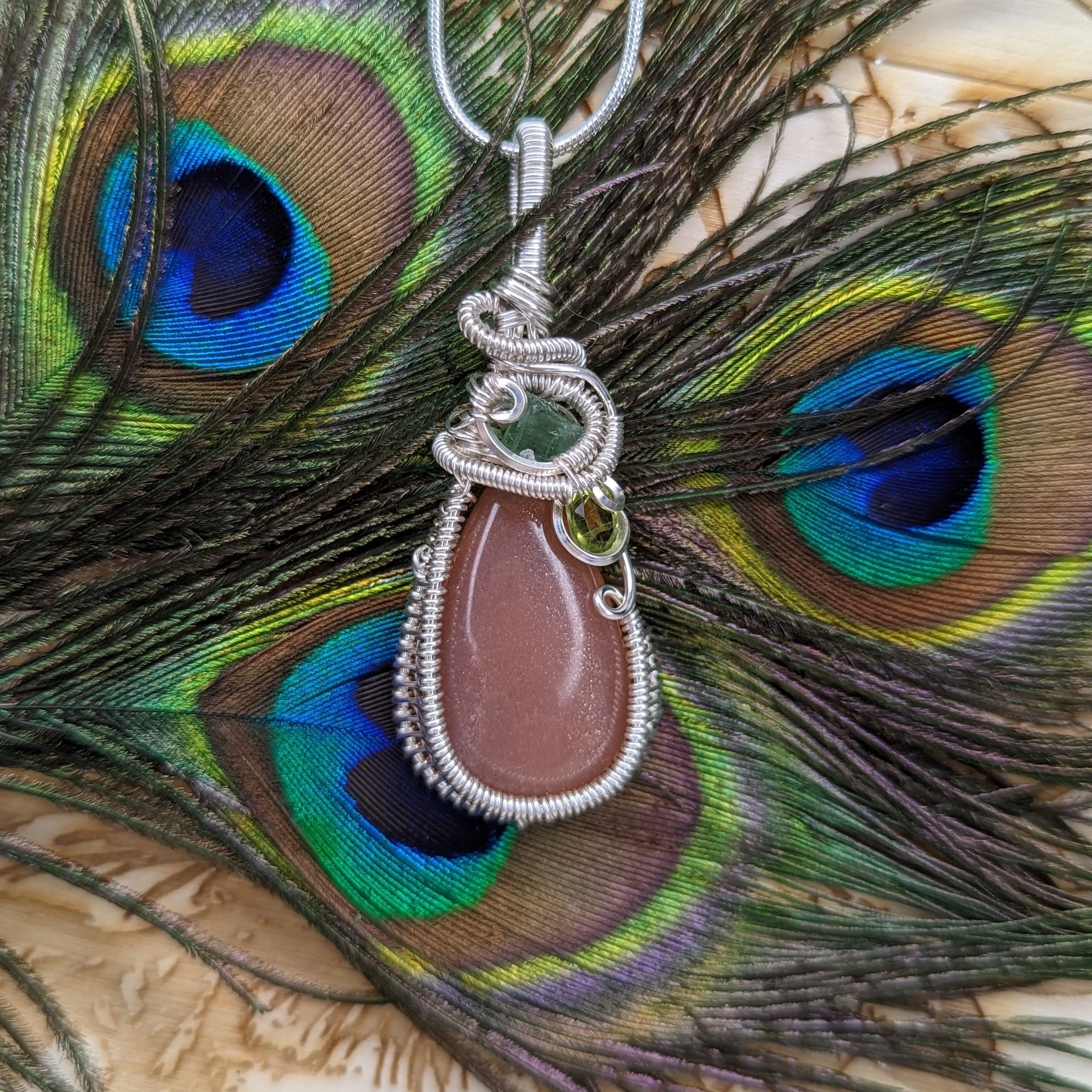 Gorgeous Wire Wrapped Pendant~ Peach Moonstone, Peridot and Green Tourmaline~ Silver Chain Included