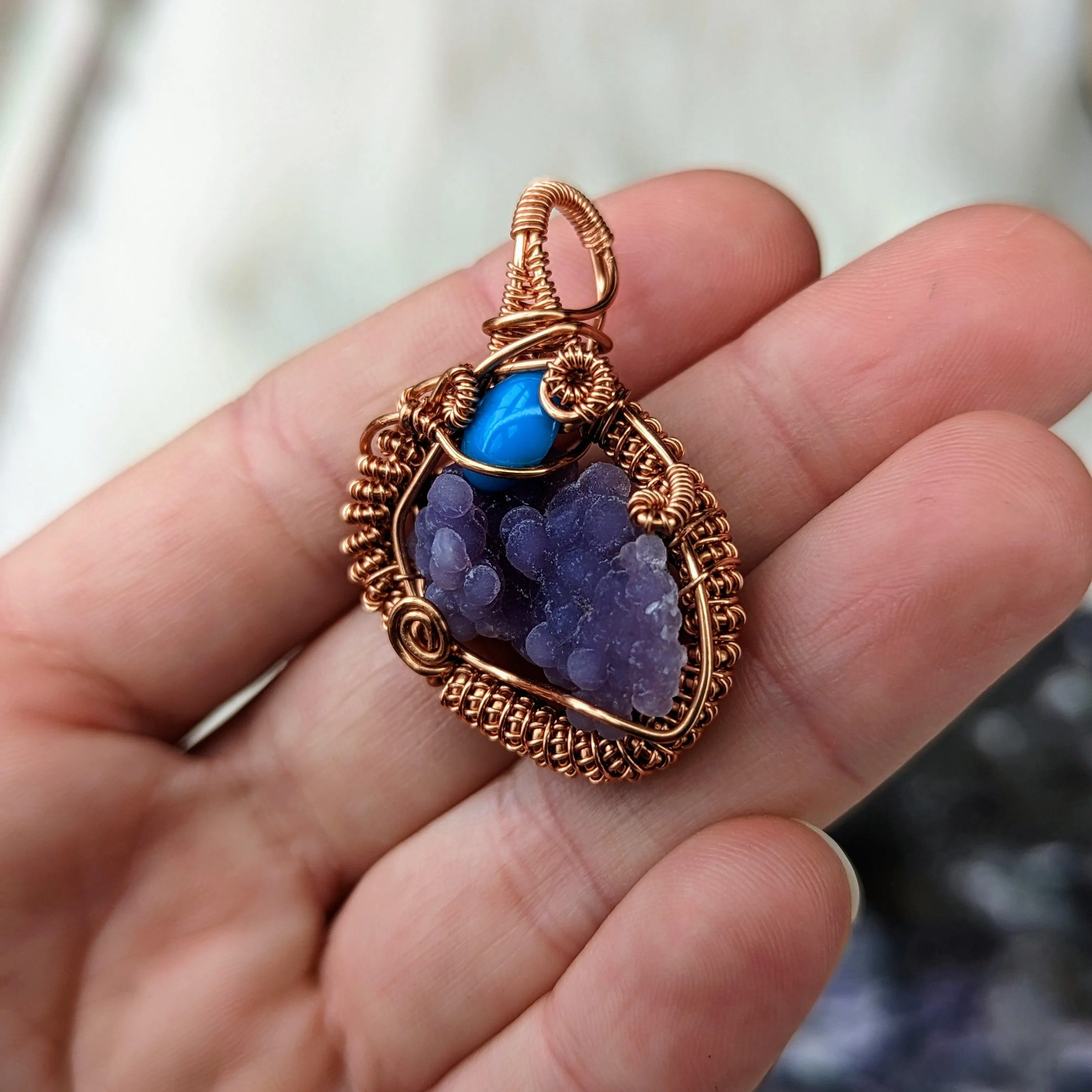 Grape Agate with Turquoise accents~ Copper Wire Wrapped Pendant~ Includes Chain