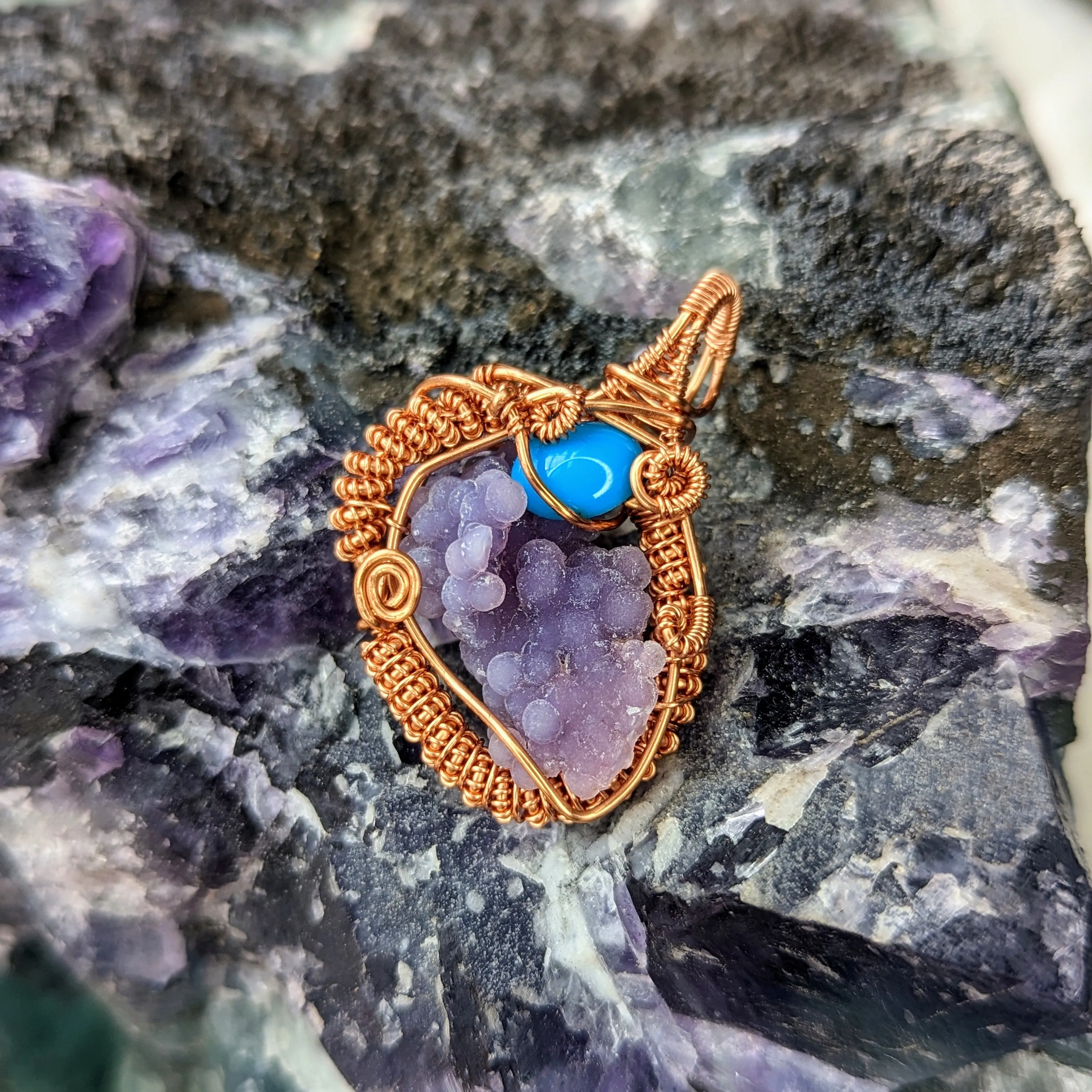 Grape Agate with Turquoise accents~ Copper Wire Wrapped Pendant~ Includes Chain