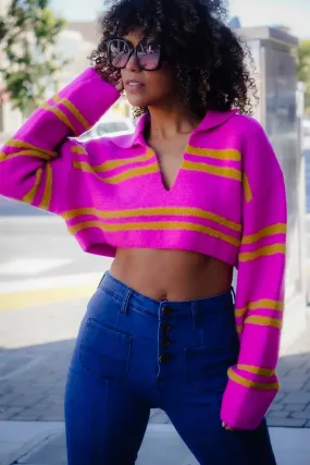 Julia Collared/Cropped Striped Sweater - Magenta/Yellow