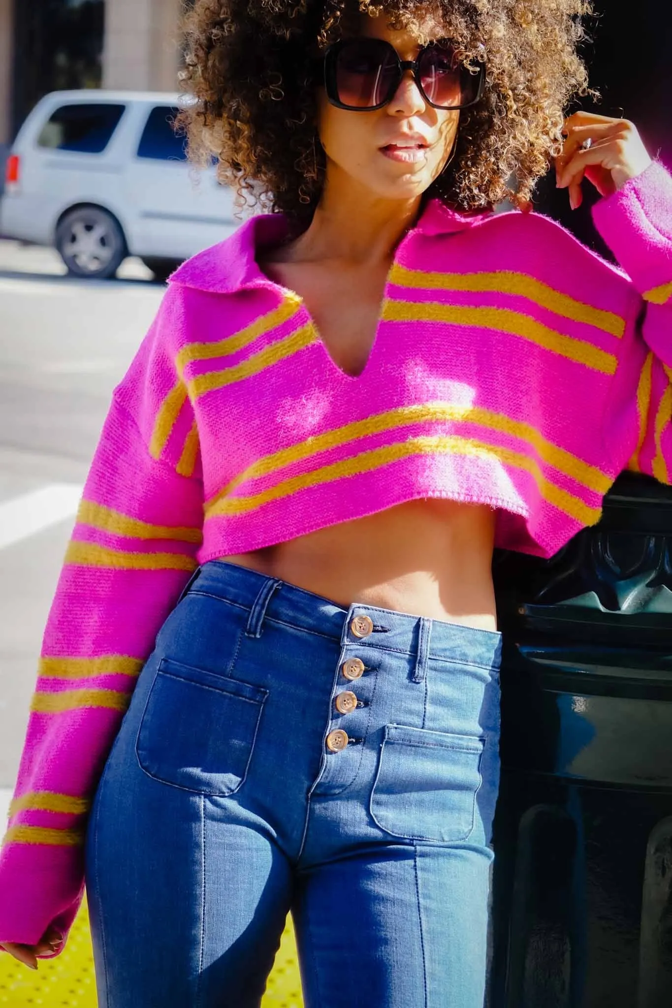 Julia Collared/Cropped Striped Sweater - Magenta/Yellow