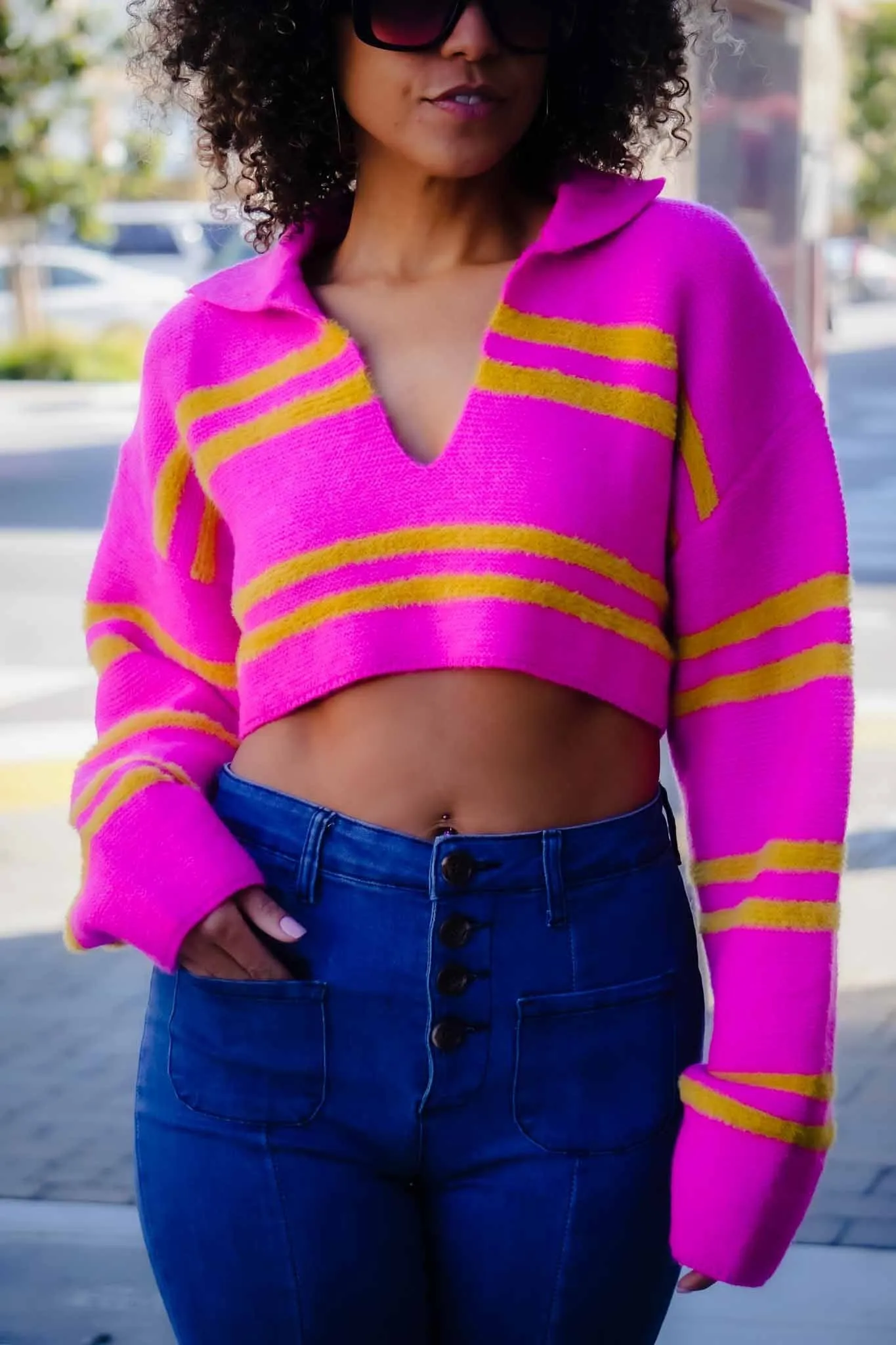 Julia Collared/Cropped Striped Sweater - Magenta/Yellow