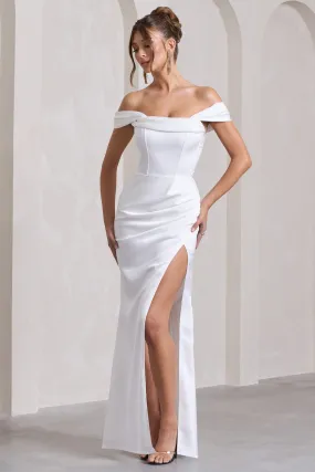 Kimberly | White Bardot Fishtail Satin Maxi Dress